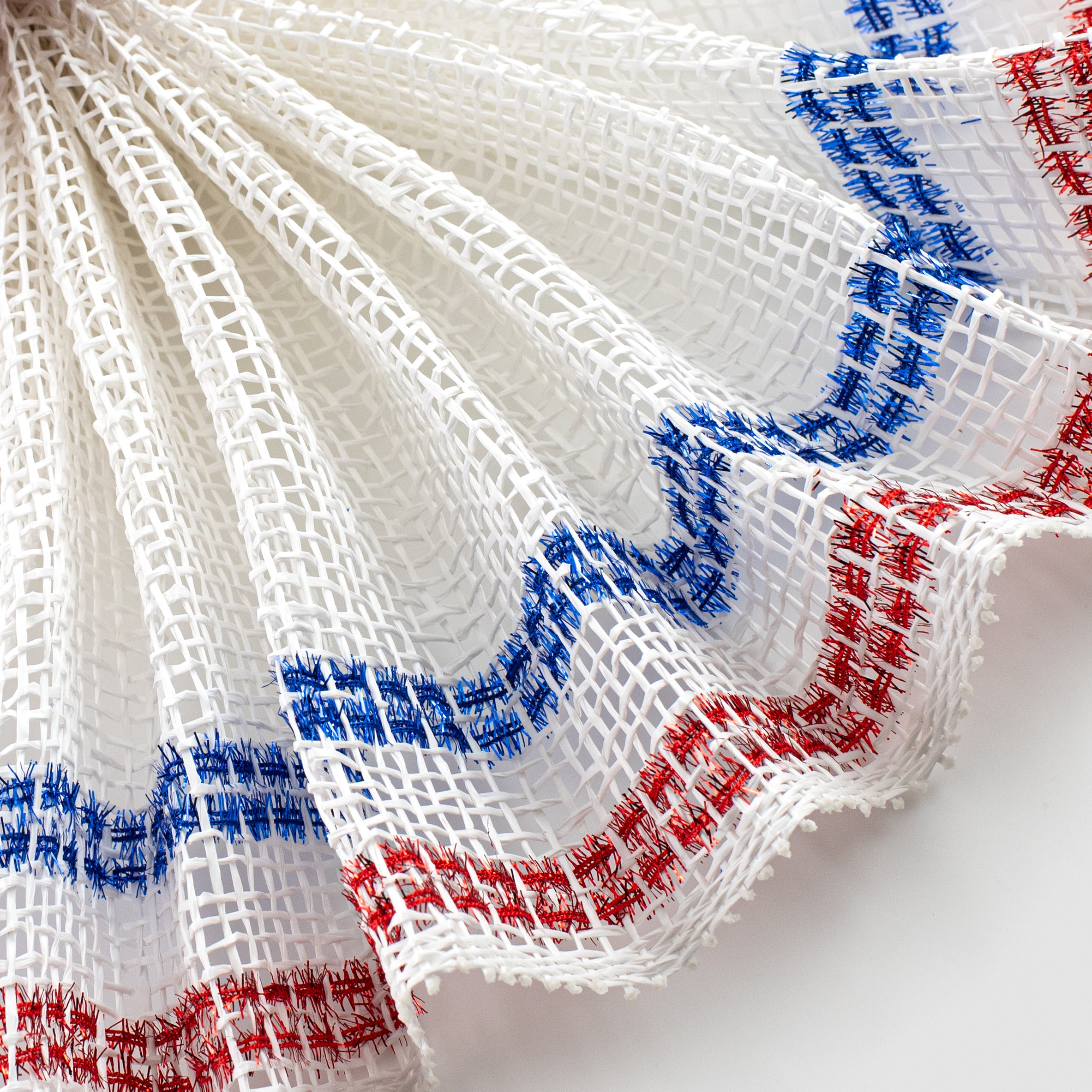 10" Poly Burlap Tinsel Border Mesh: White, Red, Blue Lifestyle Photo