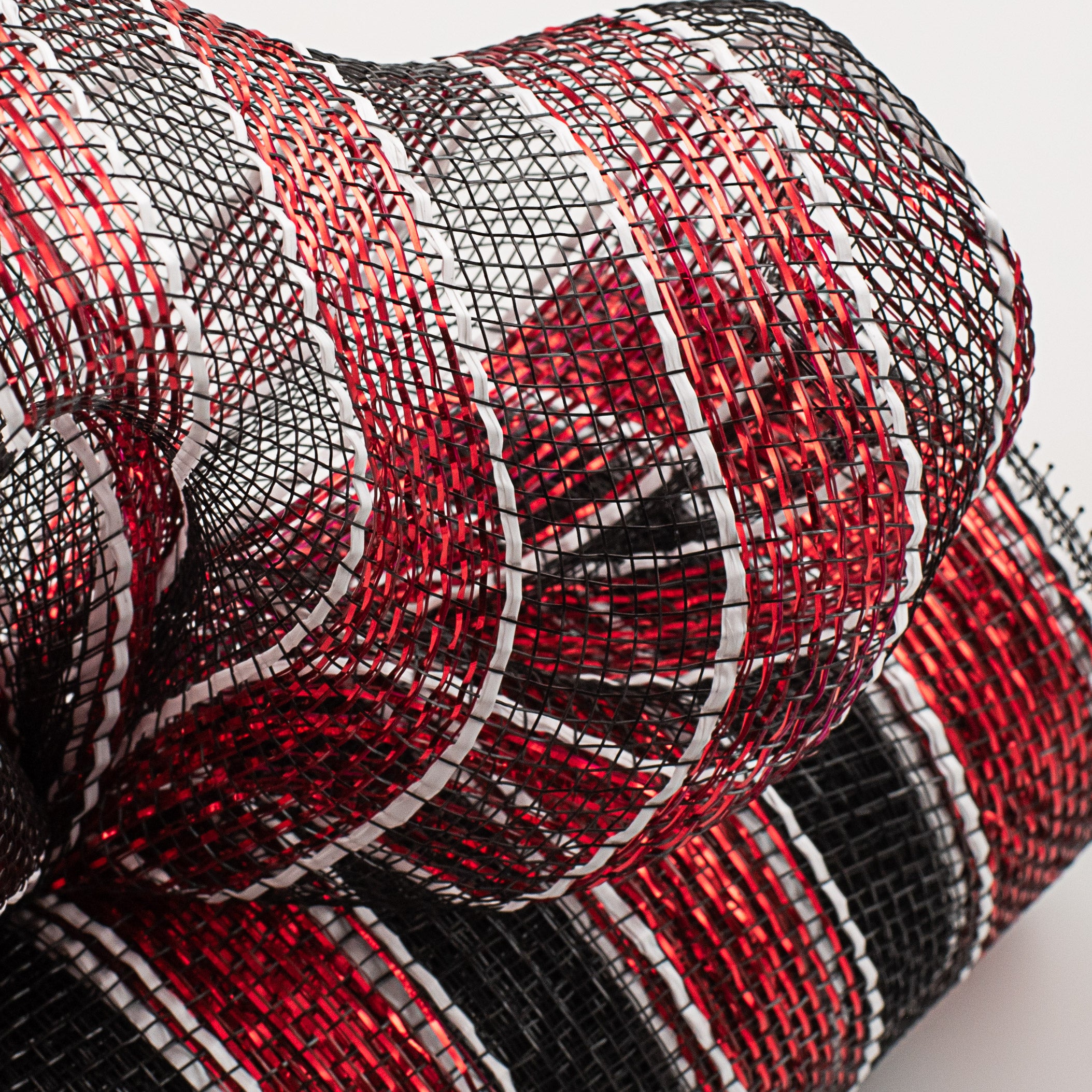 10" Poly Deco Mesh: Metallic Black/Garnet/White Stripe Lifestyle Photo