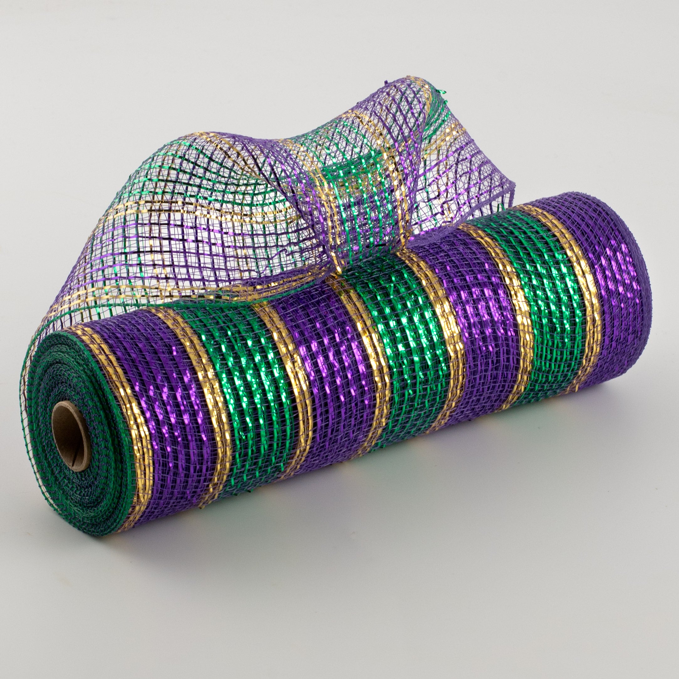 10" Poly Deco Mesh: Metallic Purple, Green & Gold Stripes (10 Yards) Item Number: XB96010-11