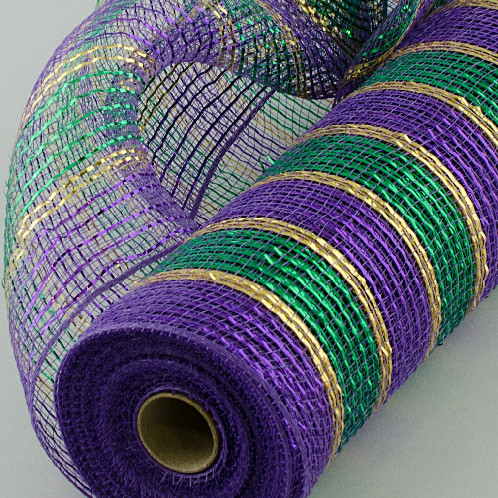 21" Poly Deco Mesh: Metallic Purple, Green & Gold Stripes (10 Yards) Lifestyle Photo