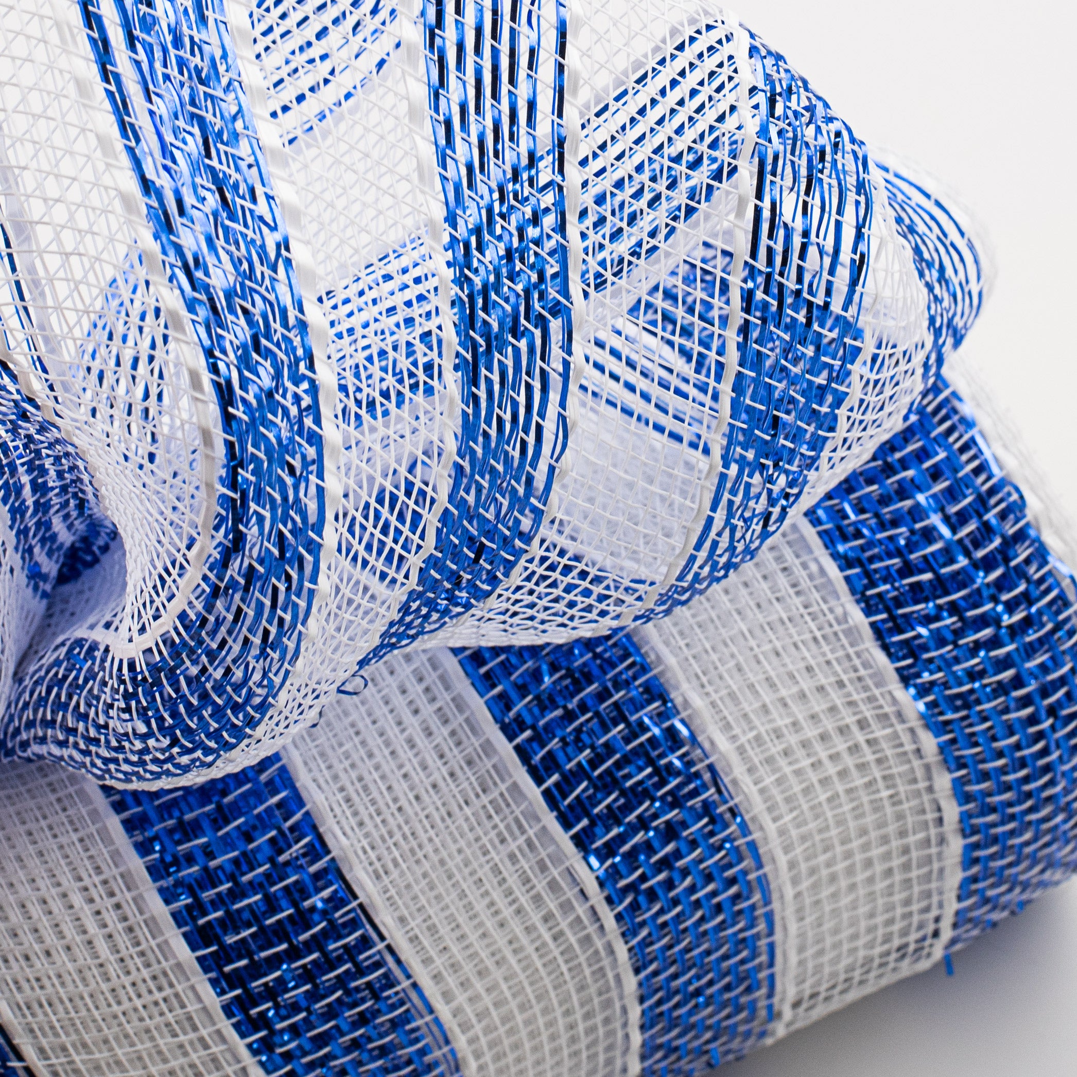 10" Poly Deco Mesh: Metallic White/Blue Stripe Lifestyle Photo