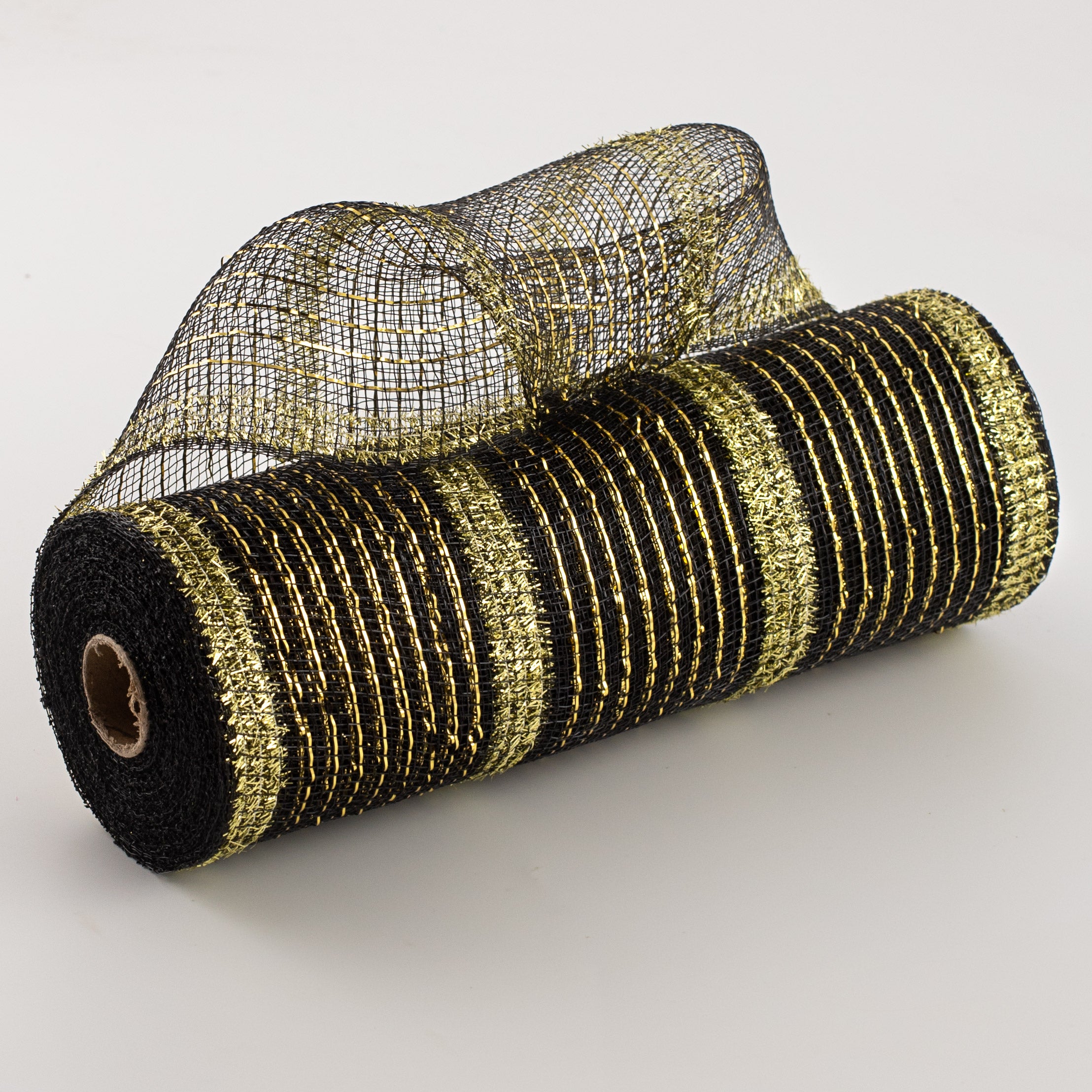 10" Poly Deco Tinsel Mesh: Black & Gold (10 Yards) Item Number: RY840175