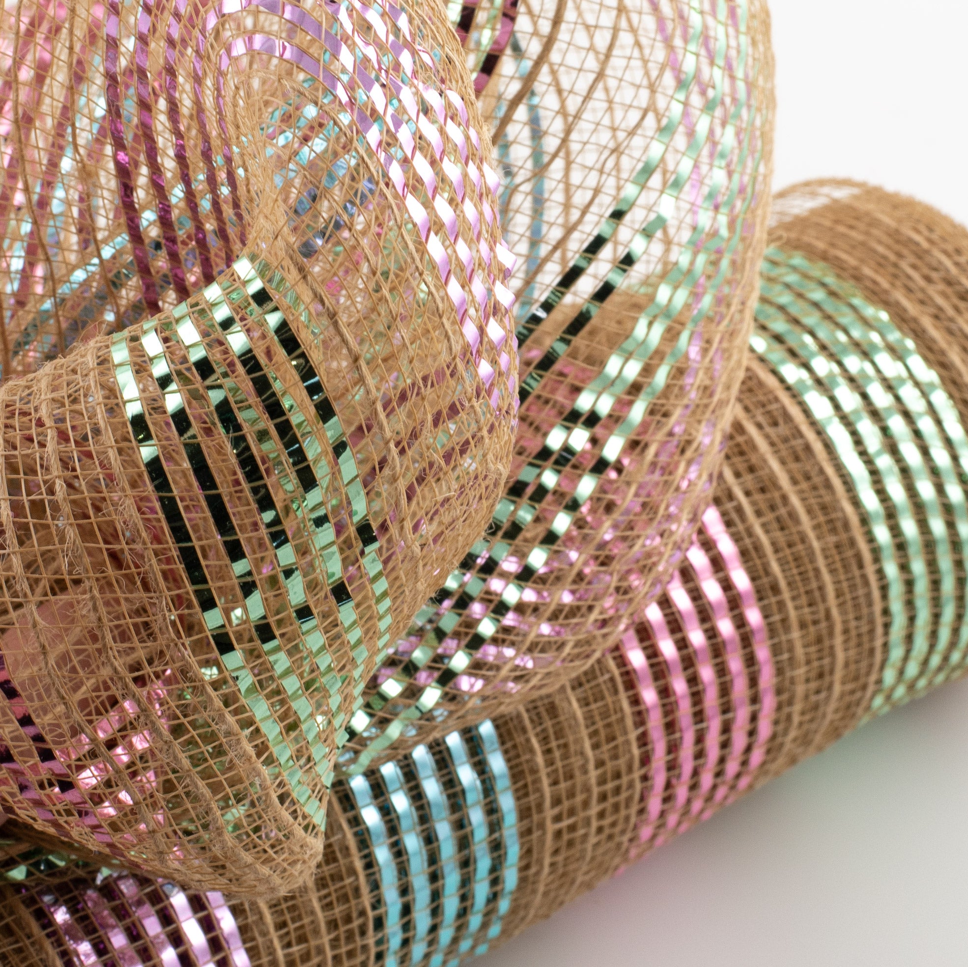 21" Poly Jute Burlap Mesh: Wide Metallic Pastel Stripes Lifestyle Photo