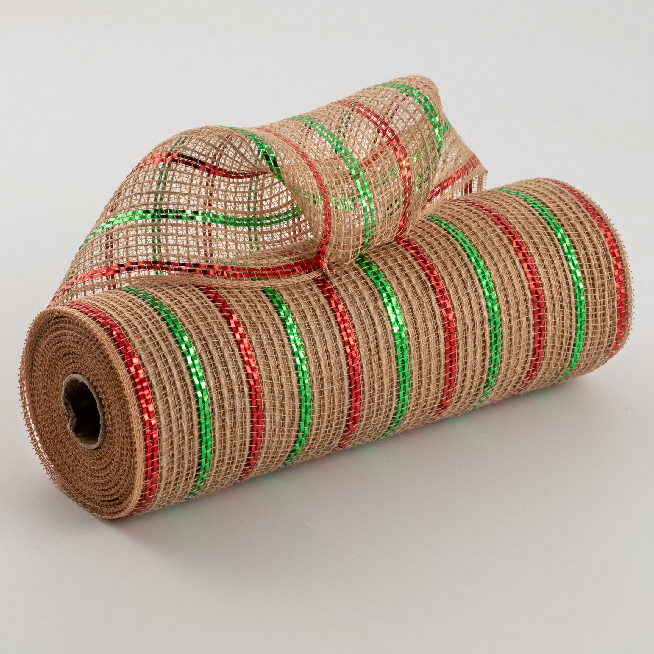 10" Poly Jute Deco Mesh: Natural & Emerald/Red Metallic Stripe (10 Yards) Item Number: RY800735