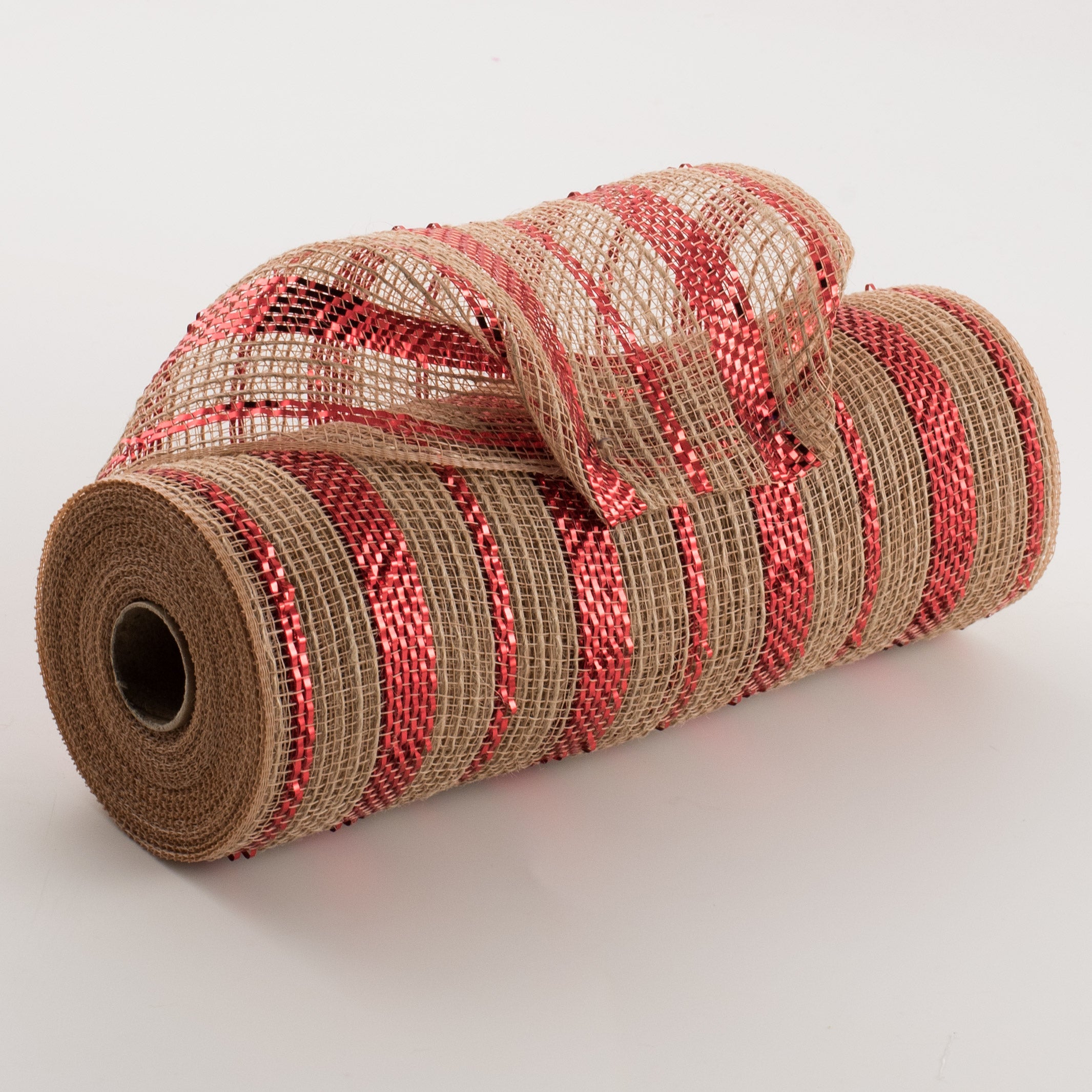 10" Poly Jute Deco Mesh: Natural & Metallic Red Pinstripe (10 Yards) Item Number: RY800824