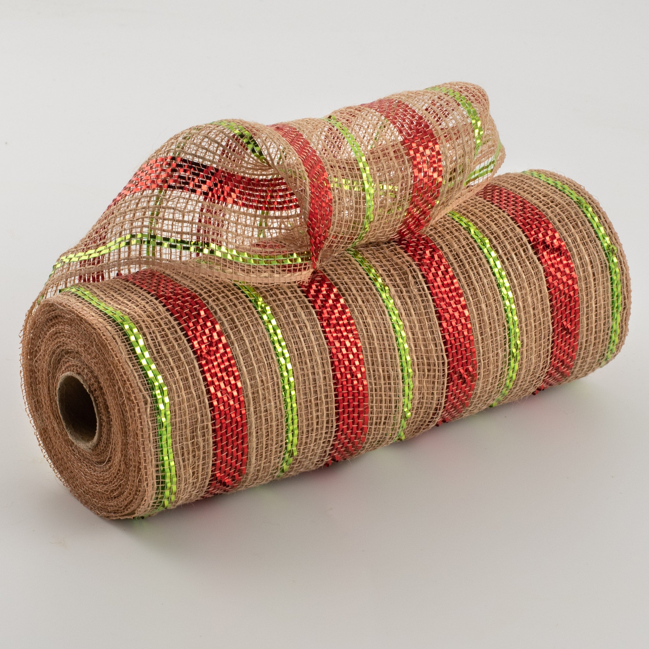 10" Poly Jute Deco Mesh: Natural & Metallic Red/Lime Green Pinstripe (10 Yards) Item Number: RY800934