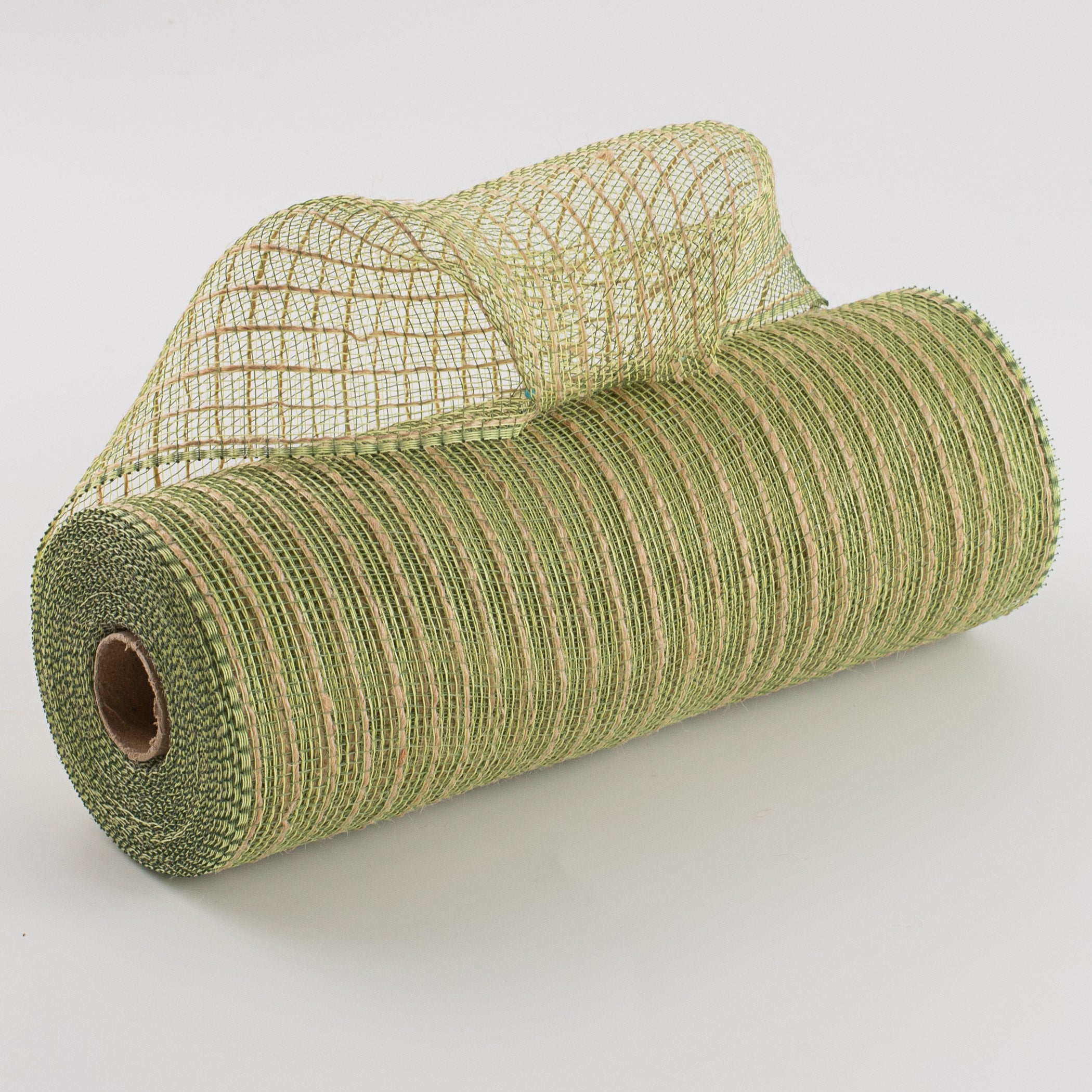 10" Poly Jute Deco Mesh: Natural & Moss Green Thin Stripe (10 Yards) Item Number: RY800532