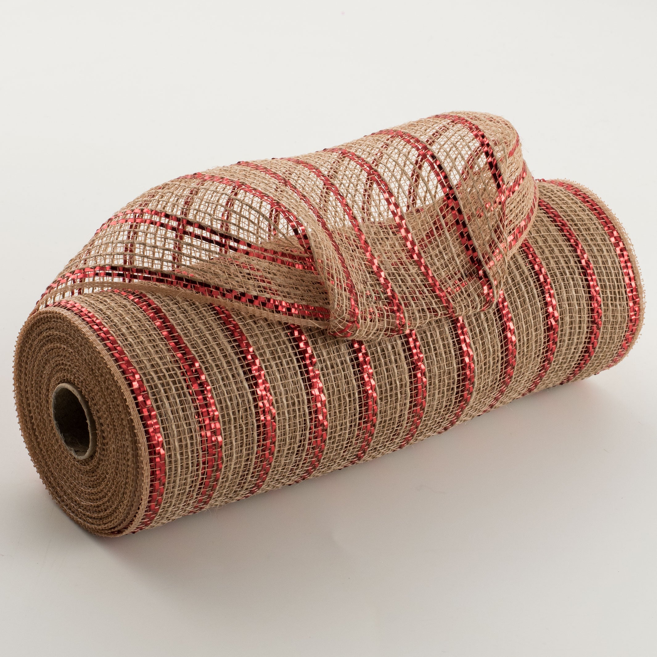 10" Poly Jute Deco Mesh: Natural & Red Metallic Stripe (10 Yards) Item Number: RY800624