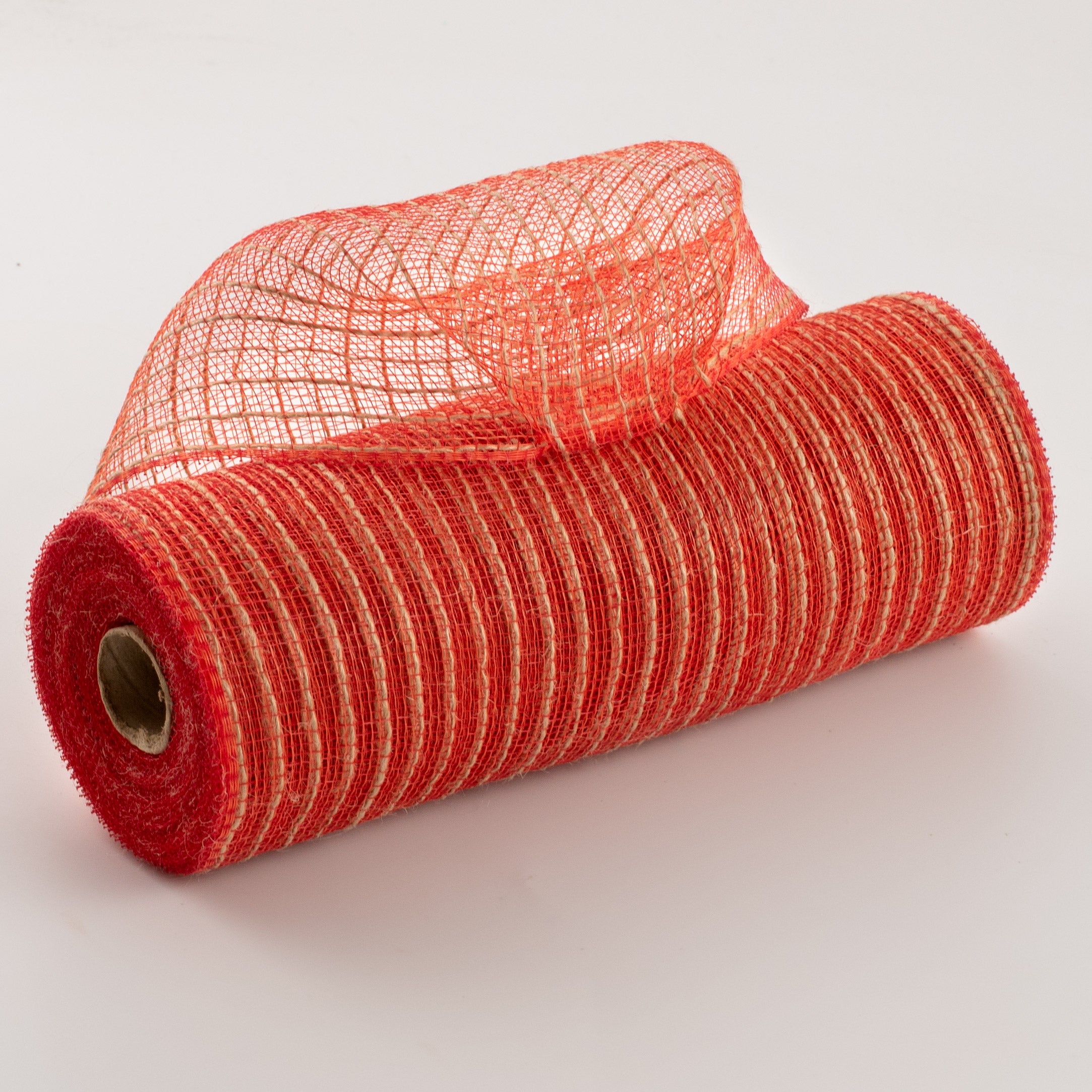 10" Poly Jute Deco Mesh: Orange, Red, & Natural Thin Stripe (10 Yards) Item Number: RY800533