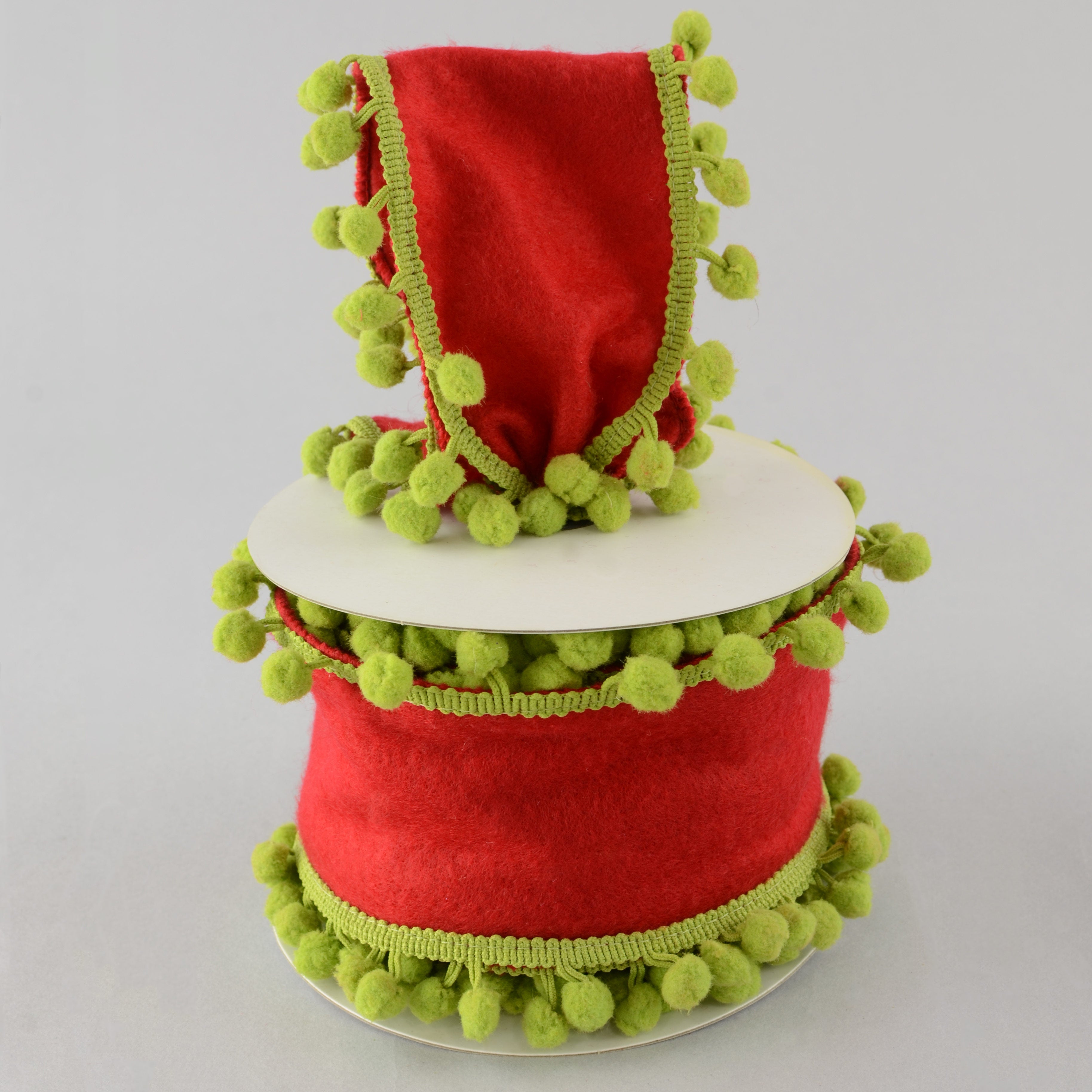4" Pom Pom Ribbon: Red & Lime (5 Yards) Lifestyle Photo