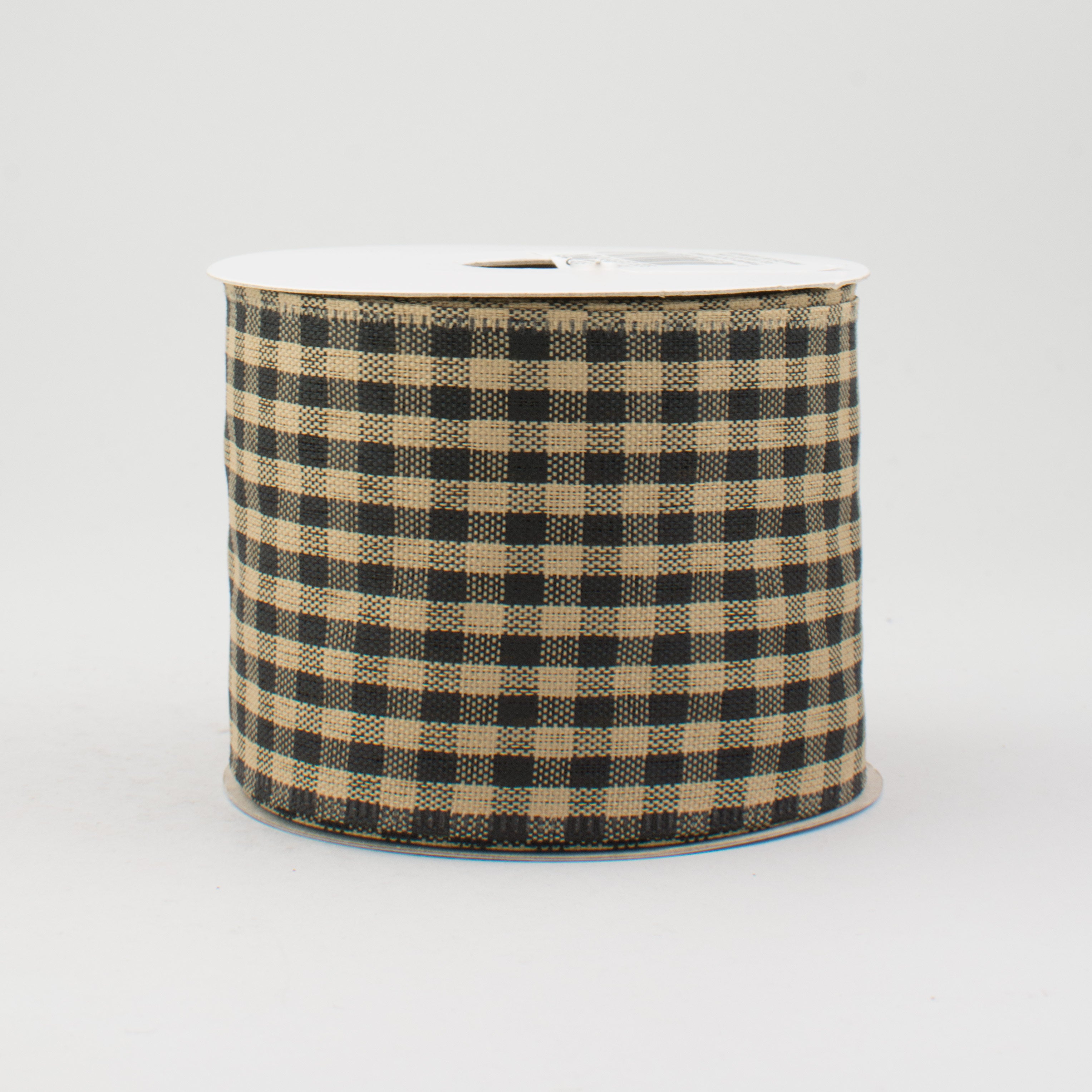 2.5" Primitive Gingham Check Ribbon: Black & Tan (10 Yards)