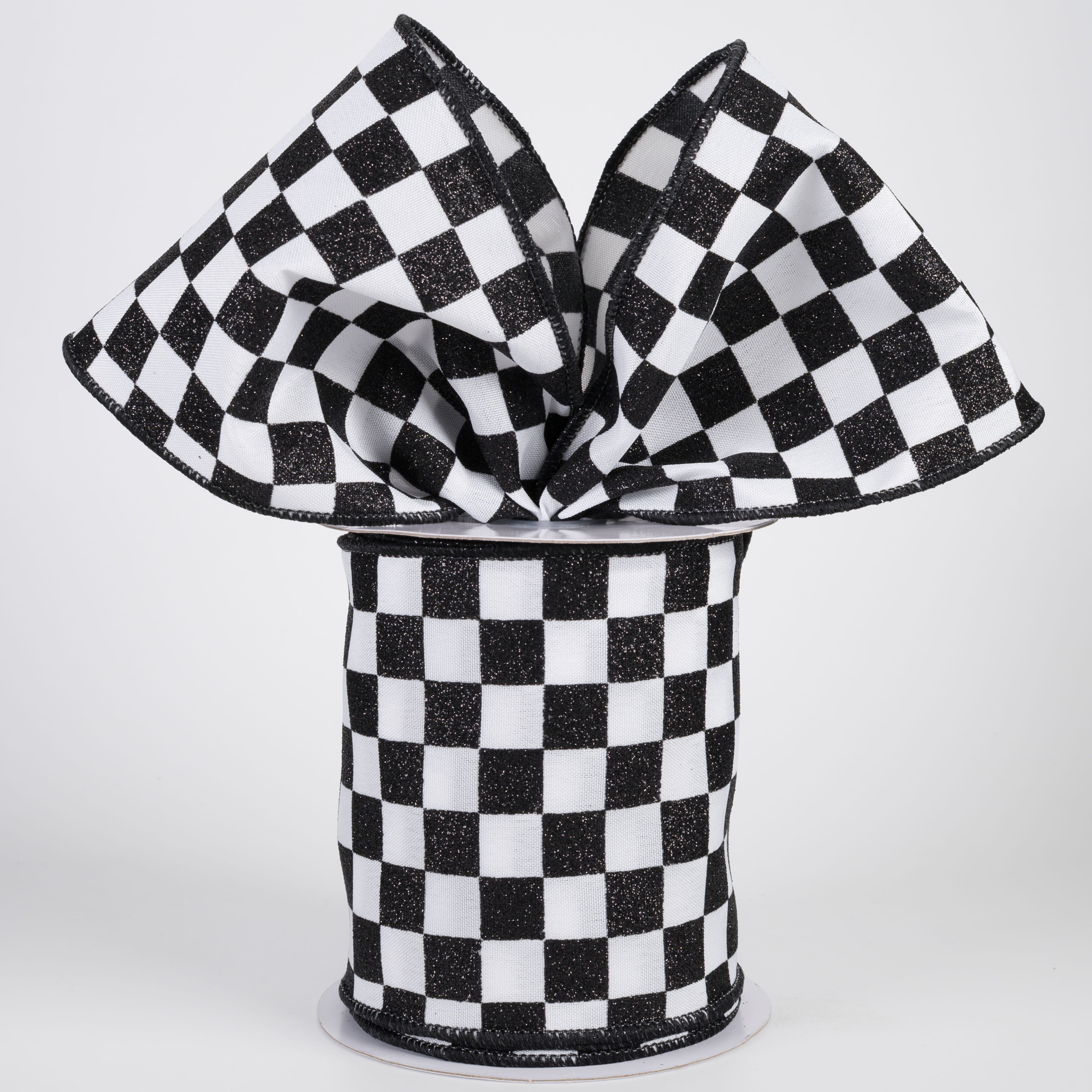 4" Printed Glitter Race Check Ribbon: Black on White (10 Yards) Lifestyle Photo