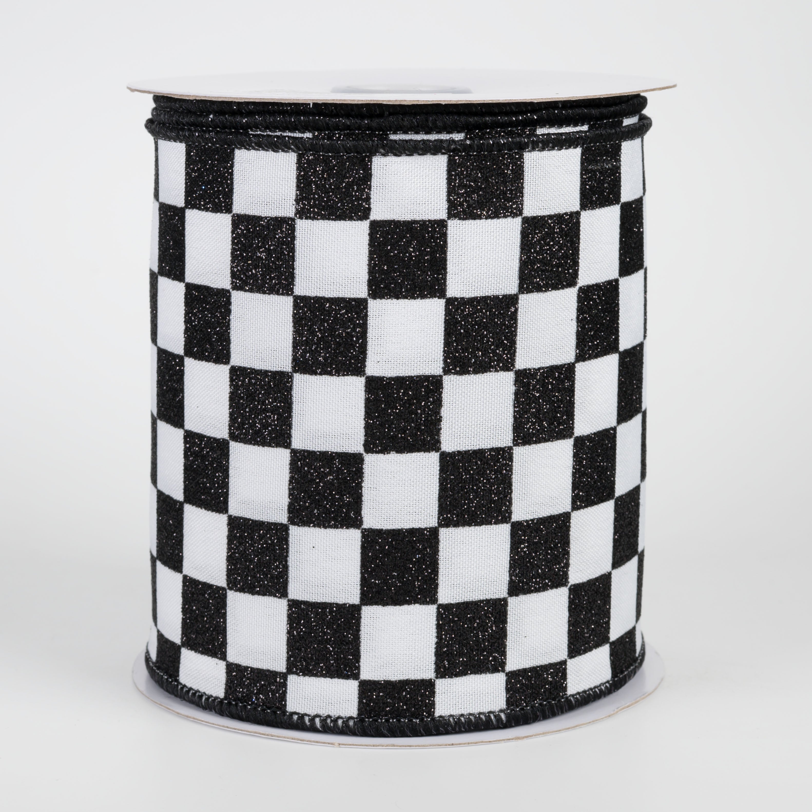 4" Printed Glitter Race Check Ribbon: Black on White (10 Yards) Item Number: RGH1061X6