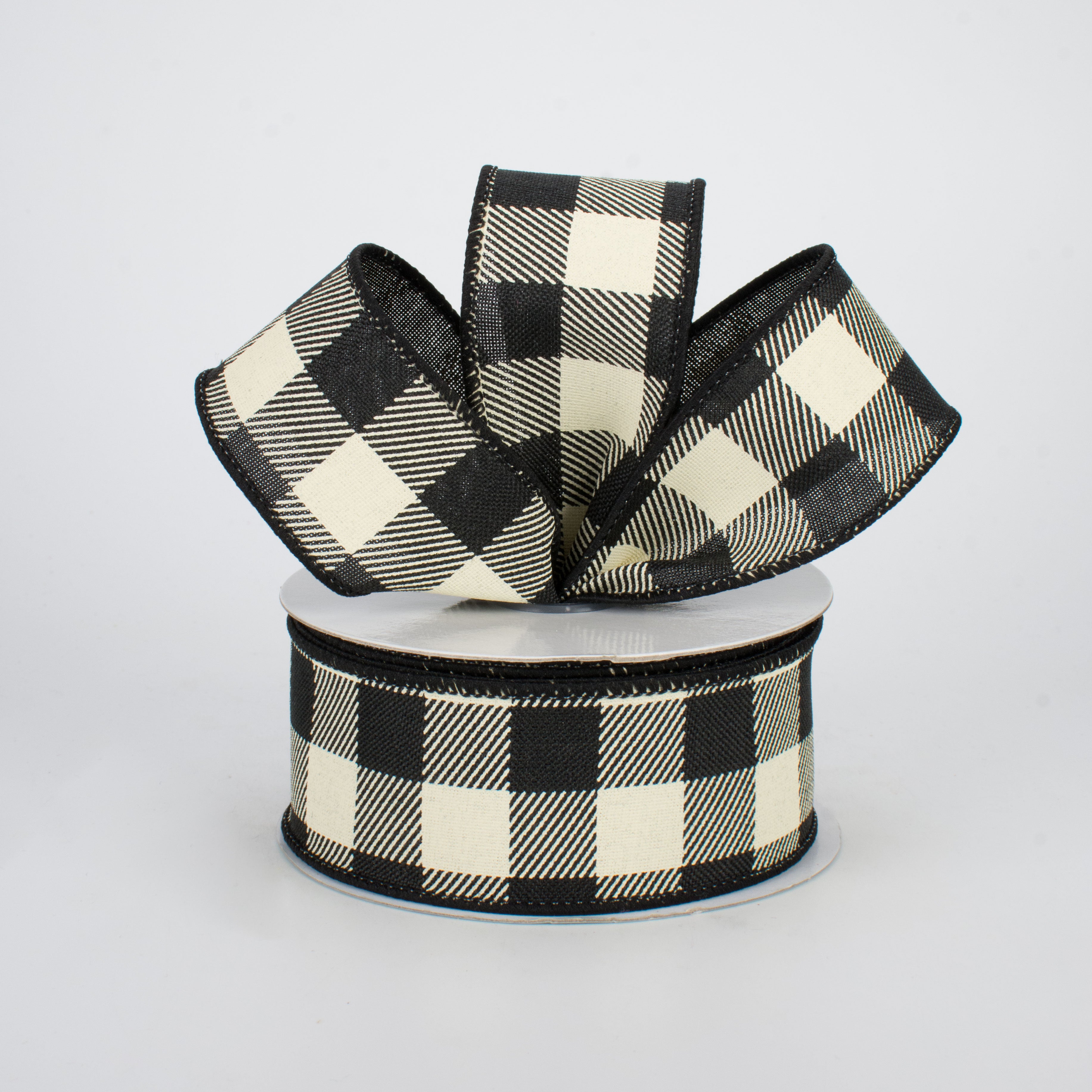 1.5" Printed Plaid Check Ribbon: Black & Ivory (10 Yards) Lifestyle Photo