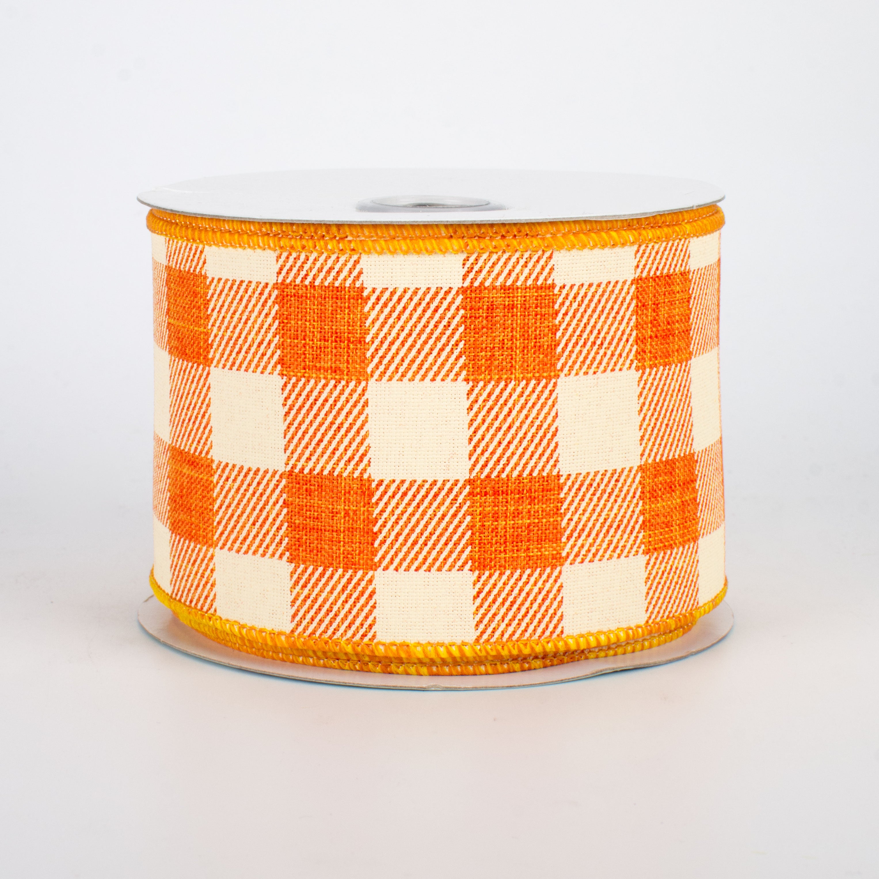 2.5" Printed Plaid Check Ribbon: Orange & Ivory (10 Yards)