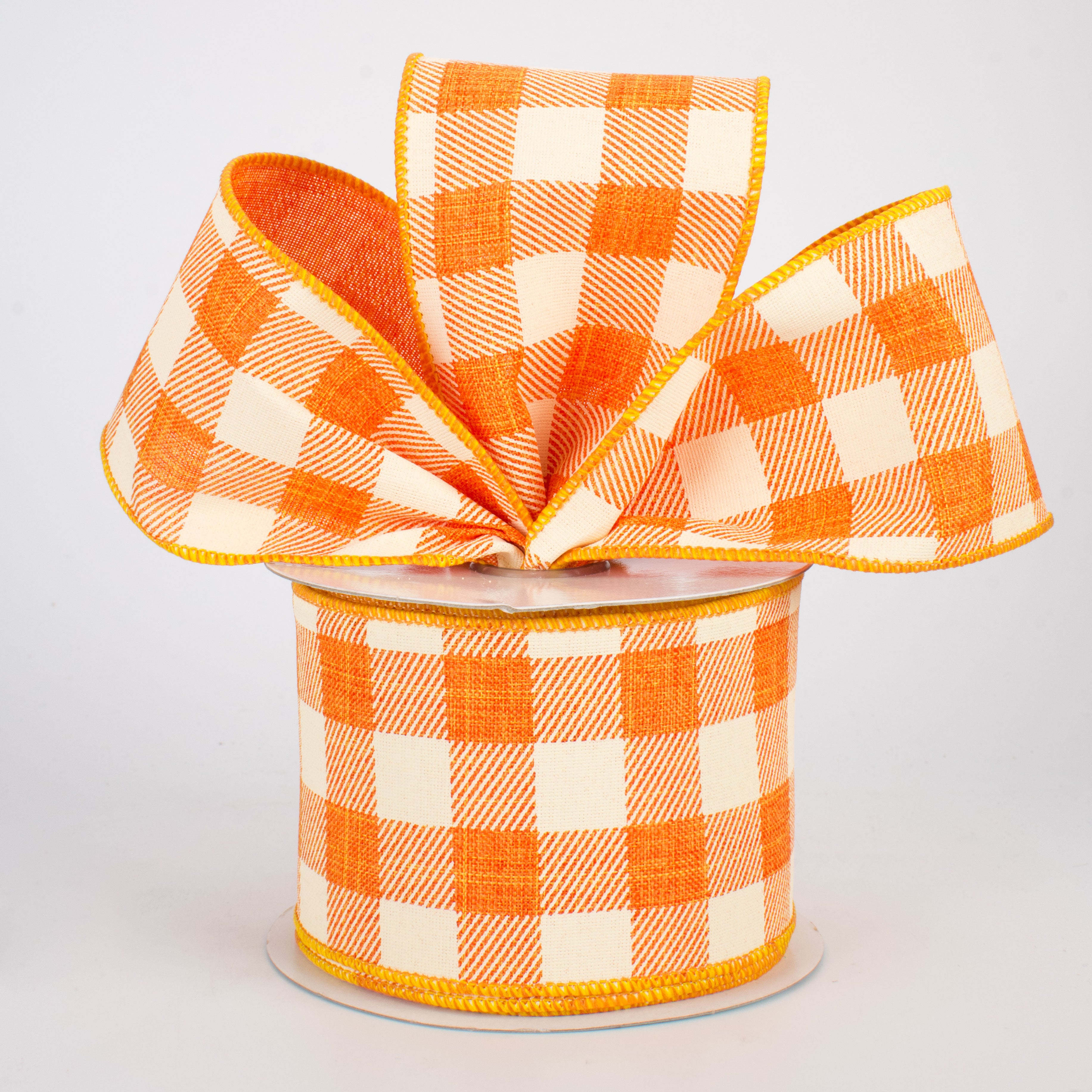 2.5" Printed Plaid Check Ribbon: Orange & Ivory (10 Yards) Lifestyle Photo