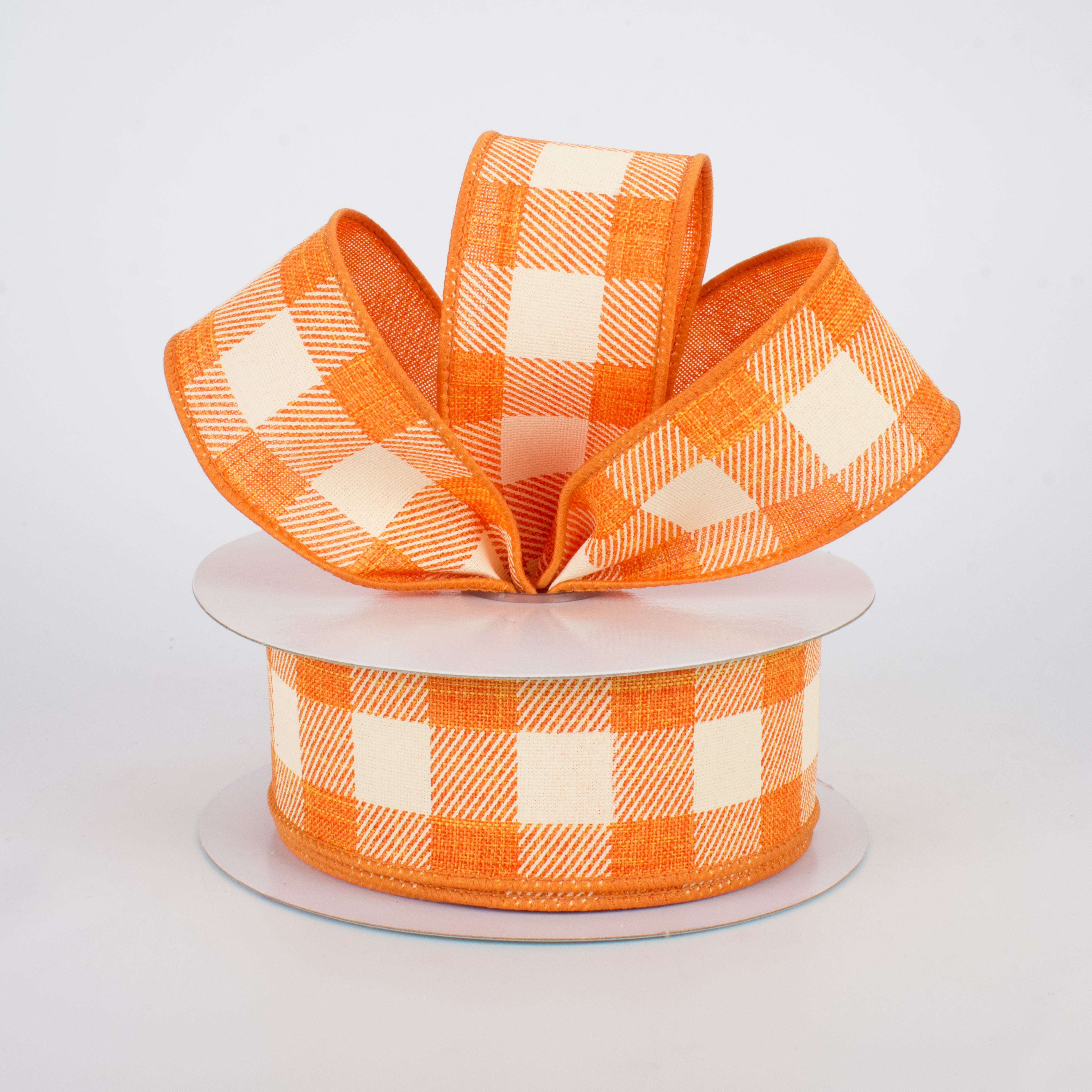 1.5" Printed Plaid Check Ribbon: Orange & Ivory (10 Yards) Lifestyle Photo