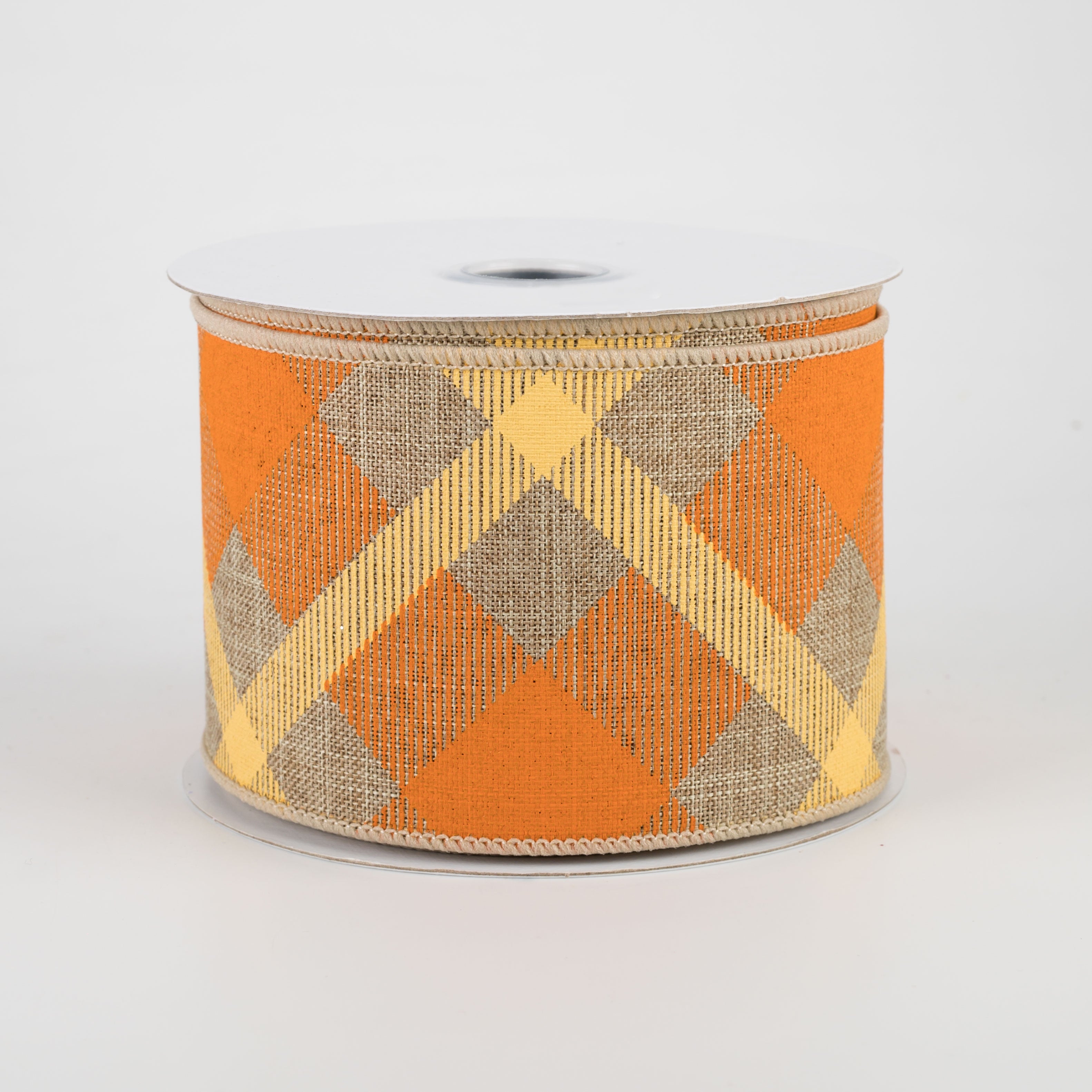 2.5" Printed Plaid Ribbon: Beige, Orange, Mustard (10 Yards)