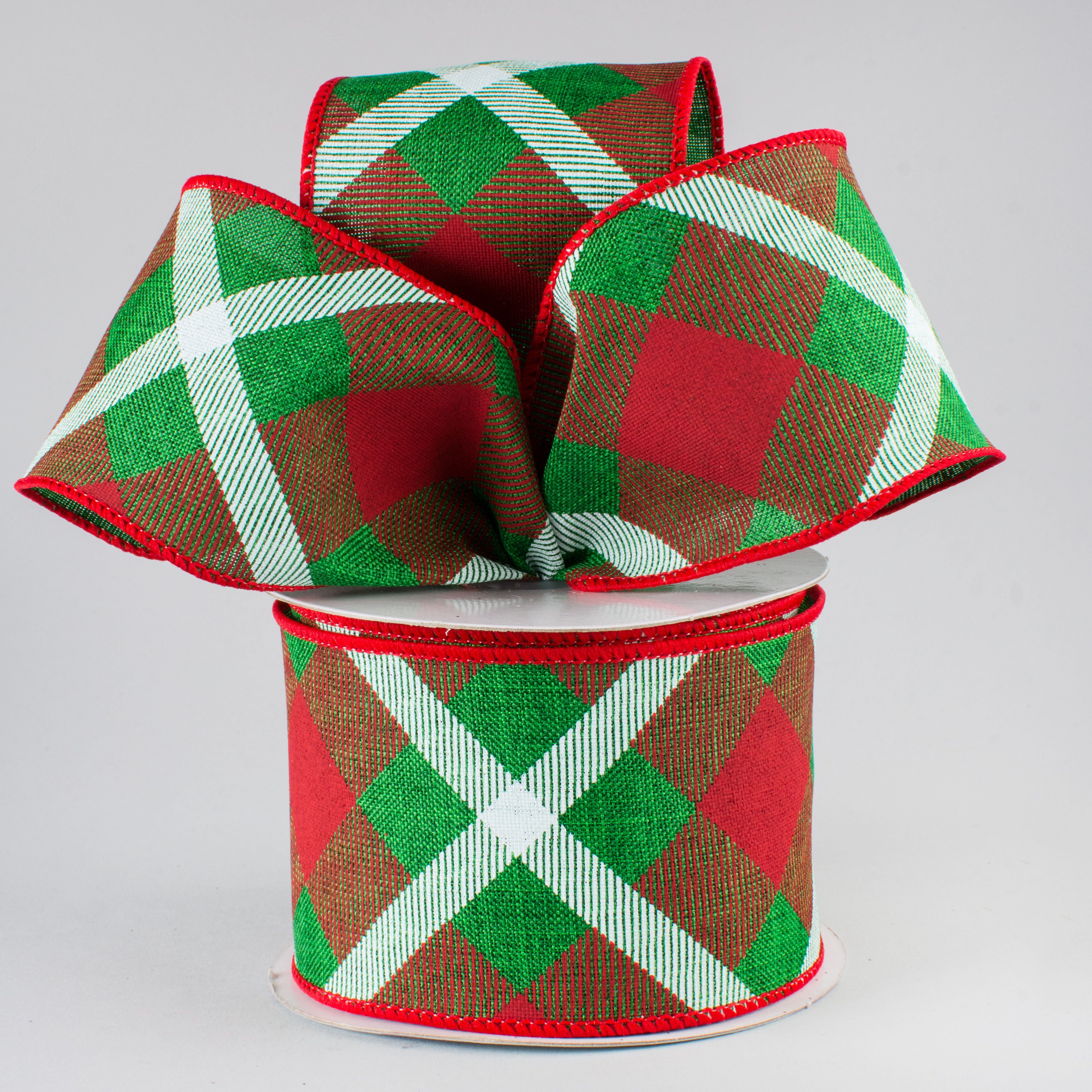 2.5" Printed Plaid Ribbon: Emerald, Red, White (10 Yards) Lifestyle Photo