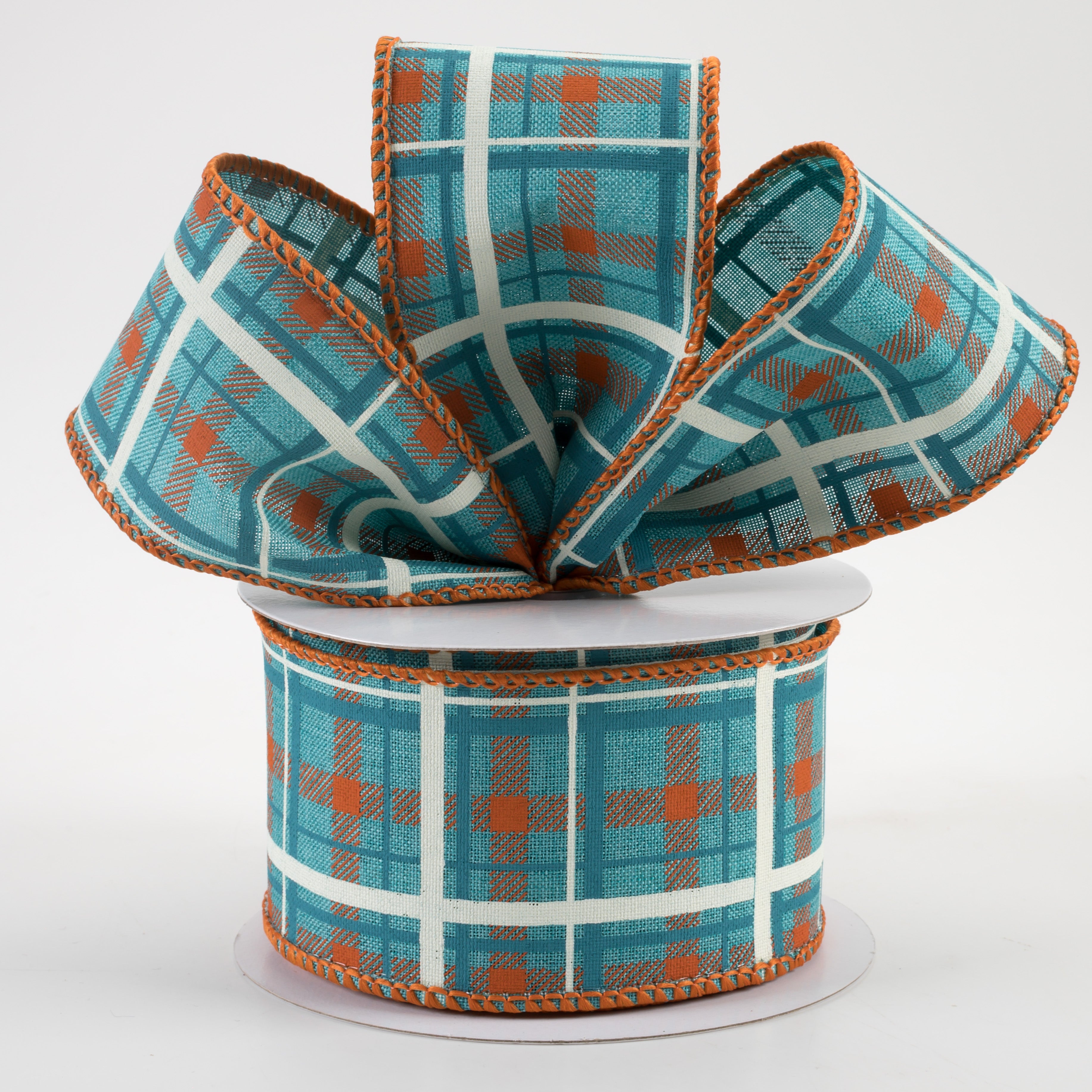 2.5" Printed Plaid Ribbon: Light Teal, Dark Orange, Turquoise (10 Yards) Lifestyle Photo