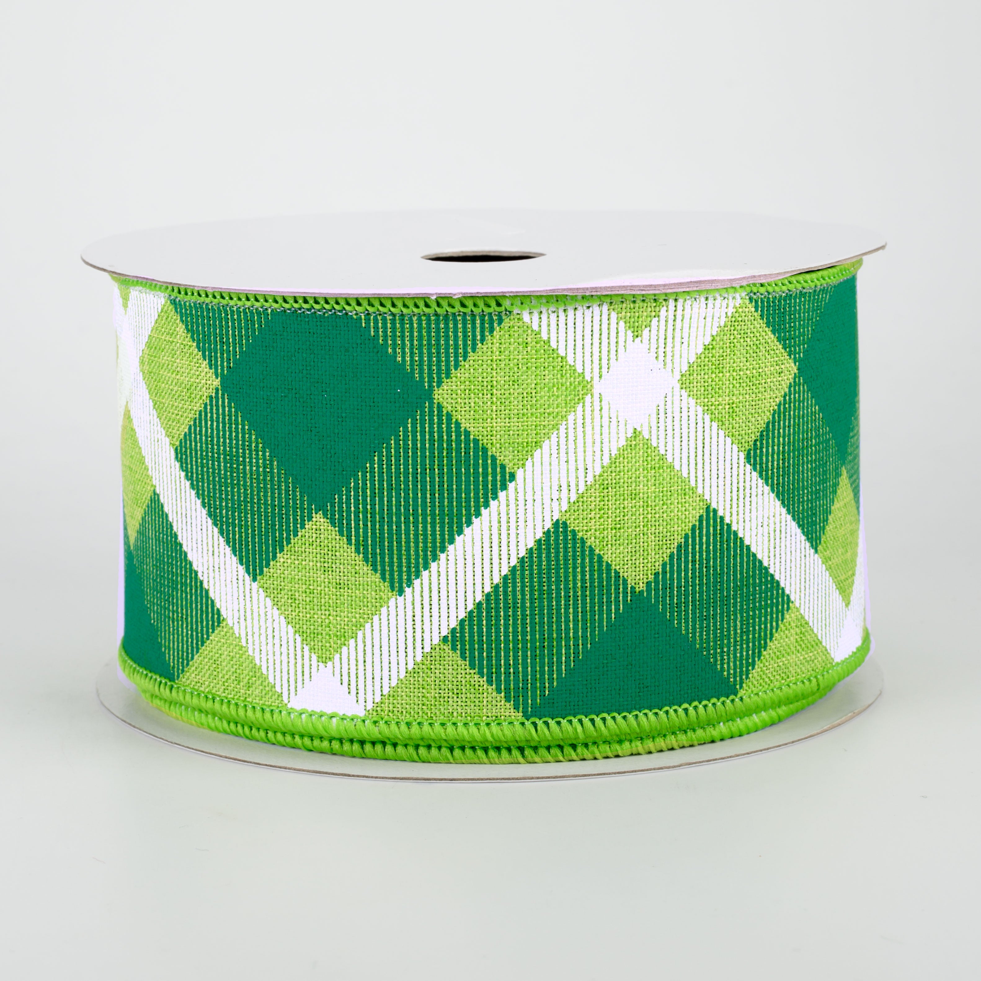 2.5" Printed Plaid Ribbon: Lime, Green, White (10 Yards)