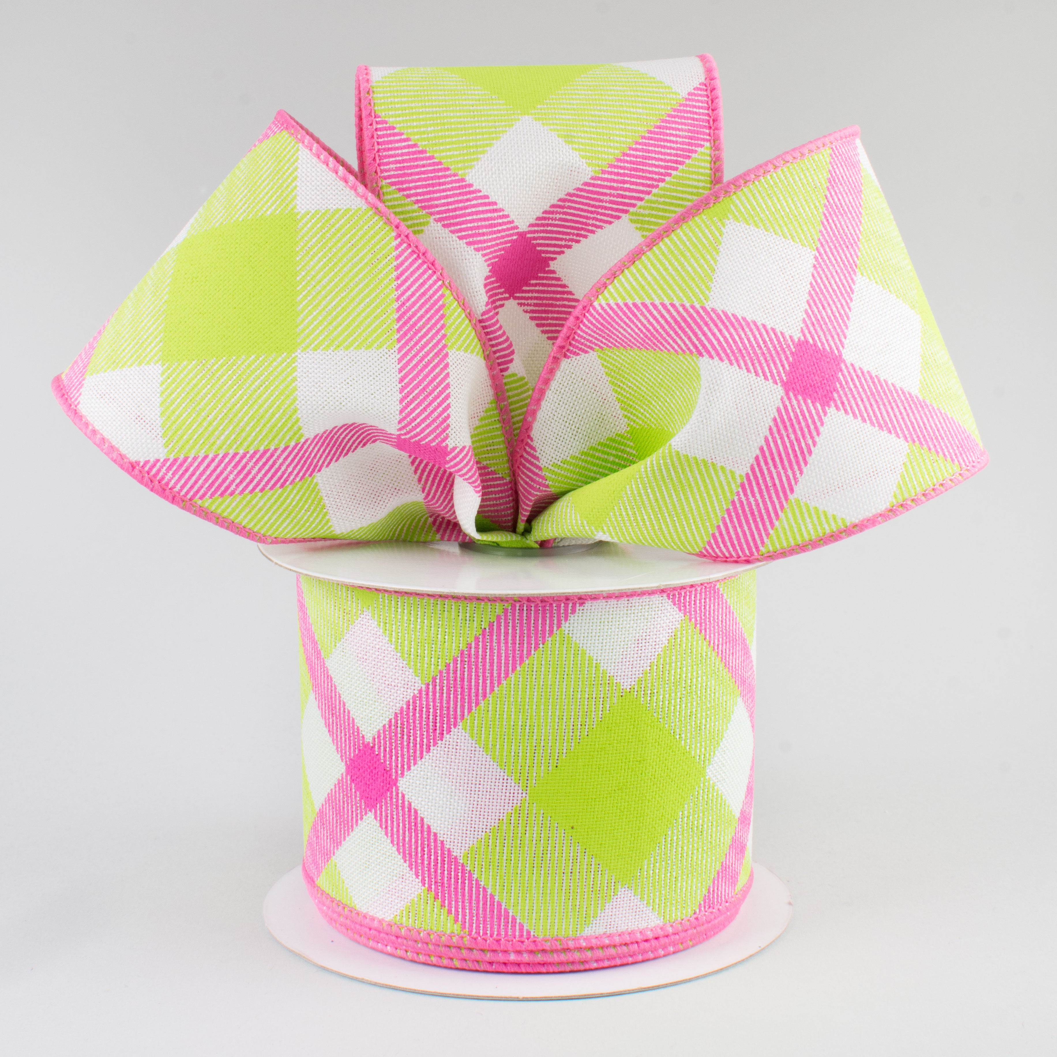 2.5" Printed Plaid Ribbon: White, Lime, Pink (10 Yards) Lifestyle Photo