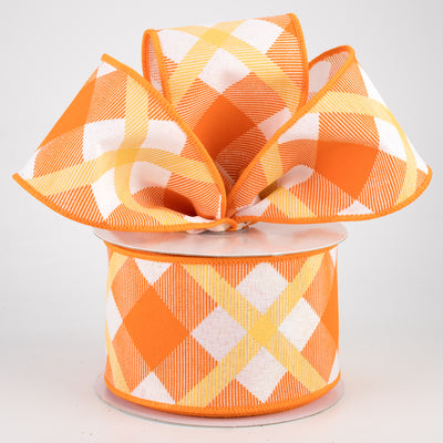 2.5" Printed Plaid Ribbon: White, Orange, Mustard (10 Yards) Lifestyle Photo