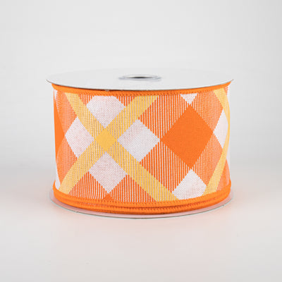 2.5" Printed Plaid Ribbon: White, Orange, Mustard (10 Yards)