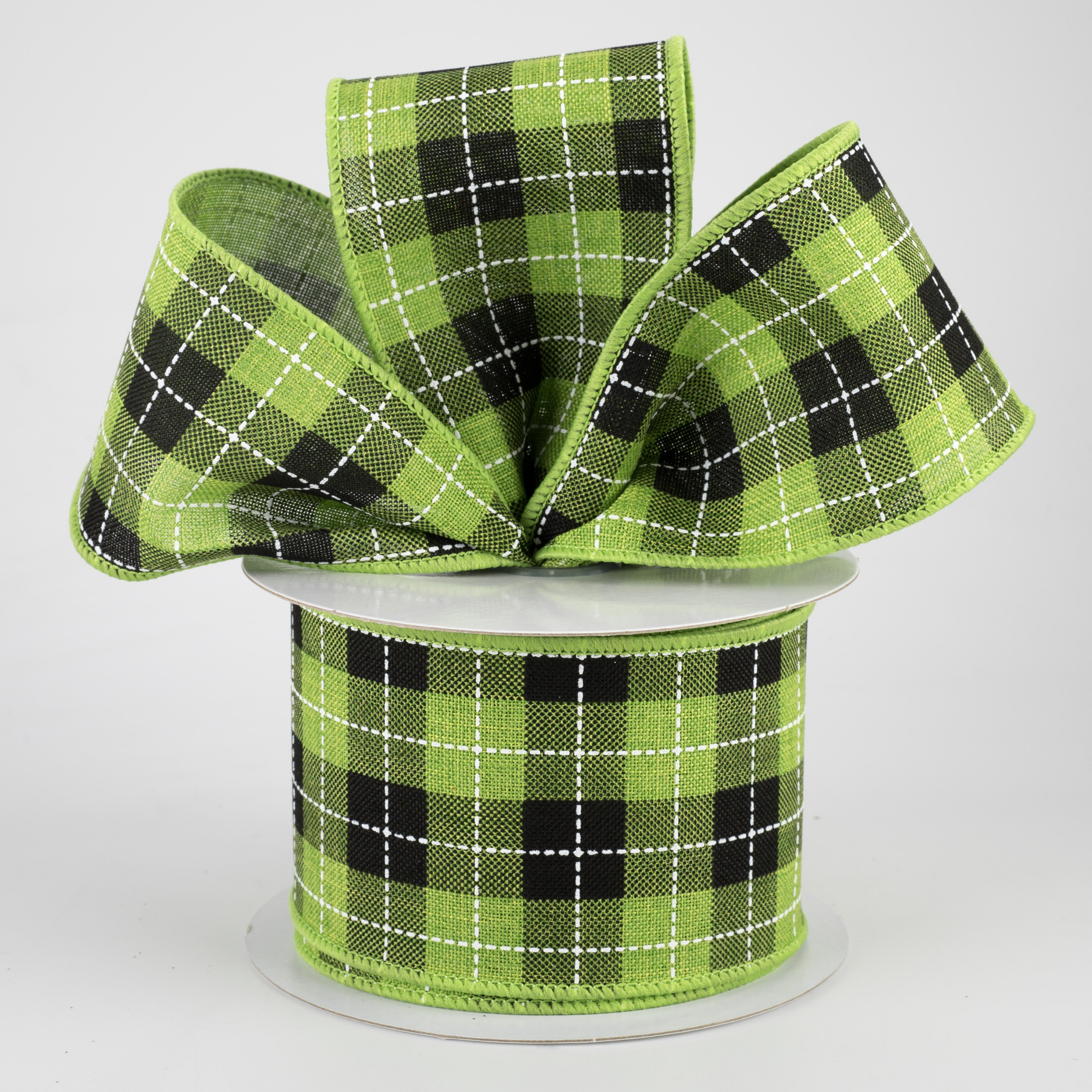 2.5" Printed Woven Check Ribbon: Fresh Green, Black, White (10 Yards) Lifestyle Photo