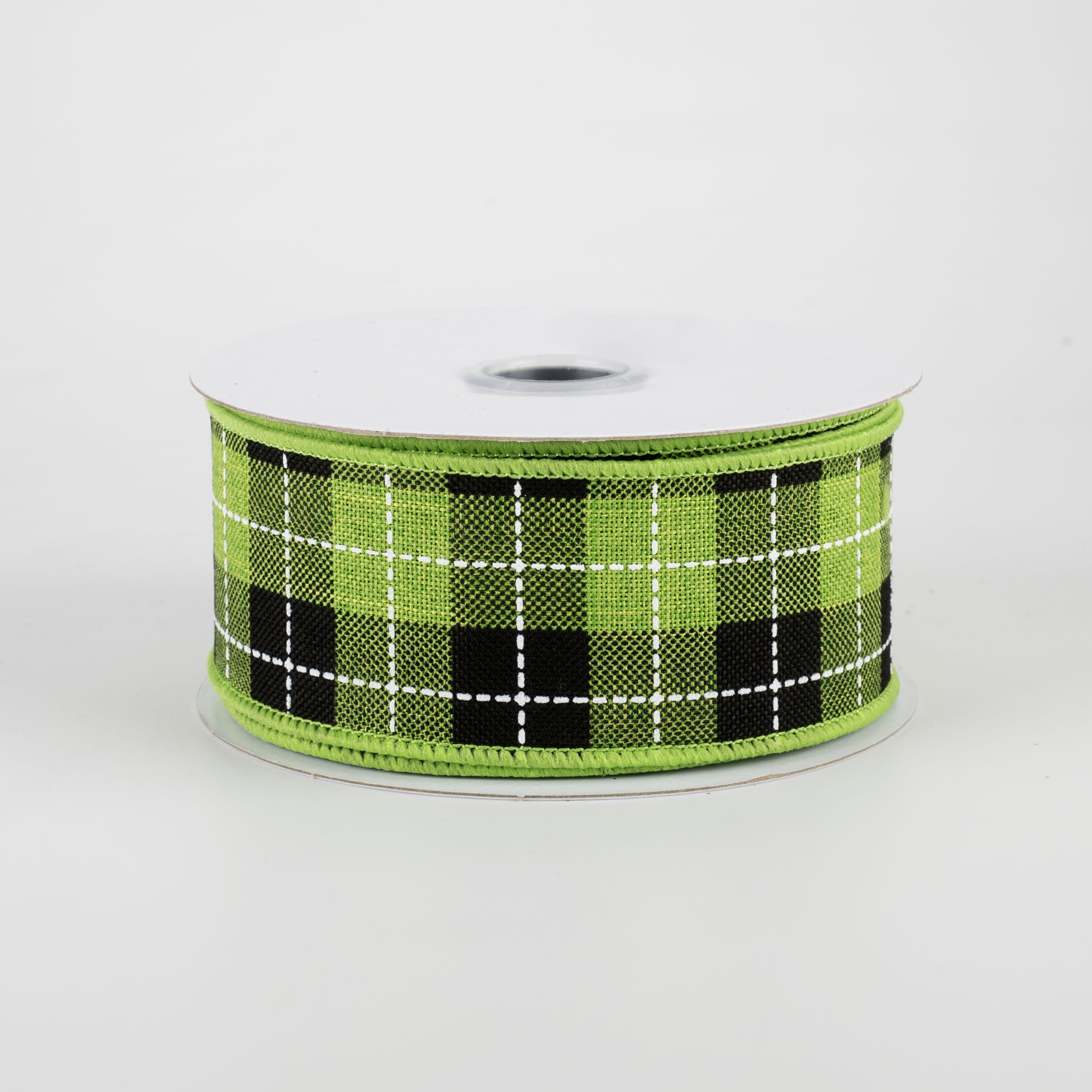 1.5" Printed Woven Check Ribbon: Fresh Green, Black, White (10 Yards)