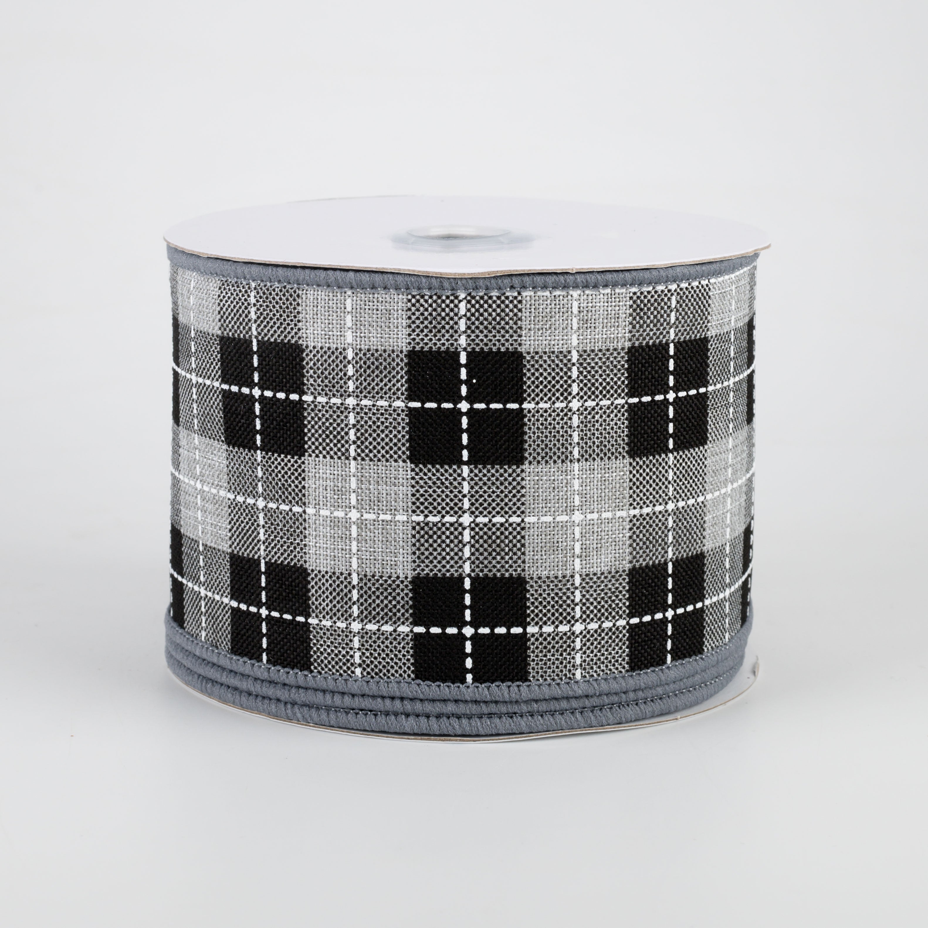2.5" Printed Woven Check Ribbon: Light Grey, Black, White (10 Yards)