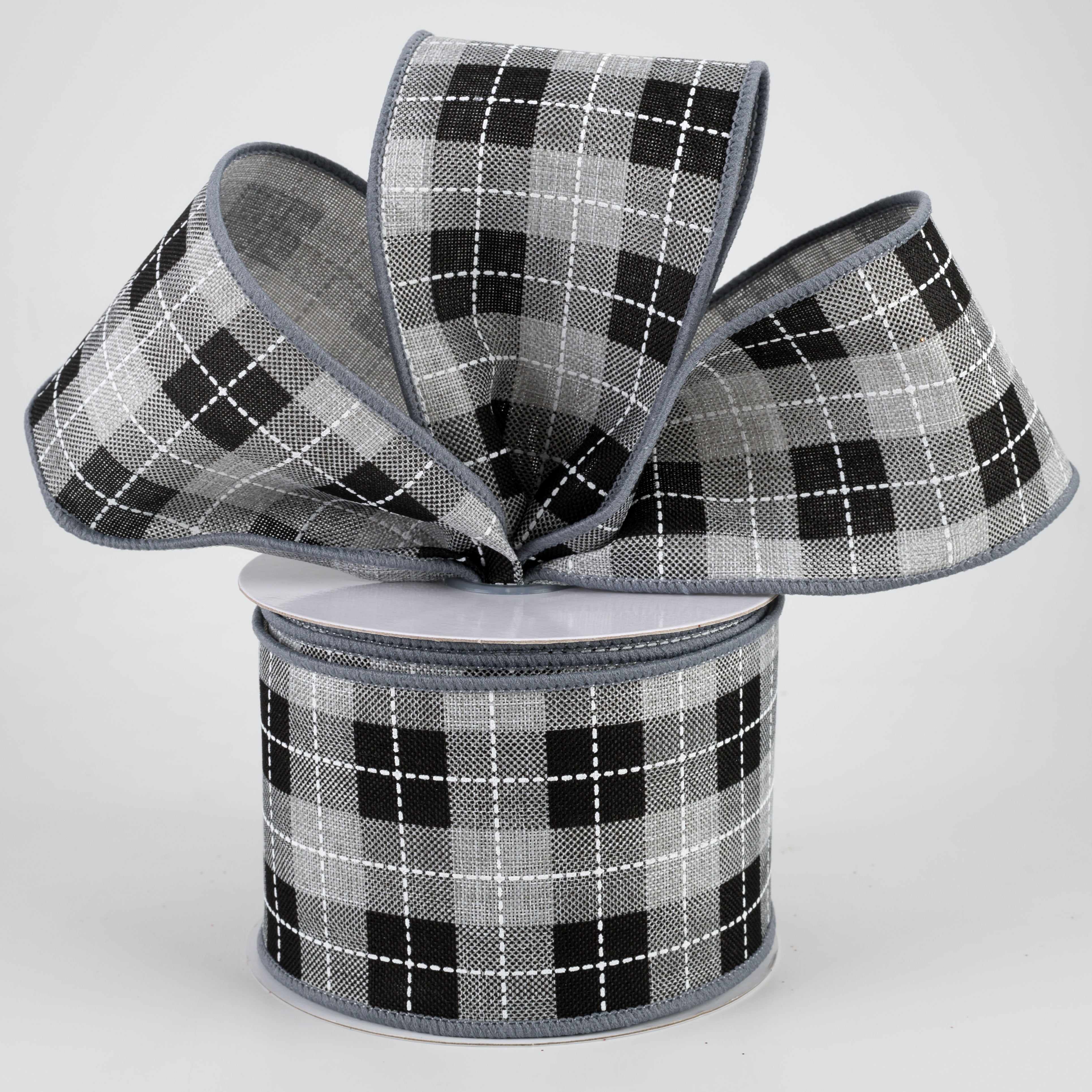 2.5" Printed Woven Check Ribbon: Light Grey, Black, White (10 Yards) Lifestyle Photo