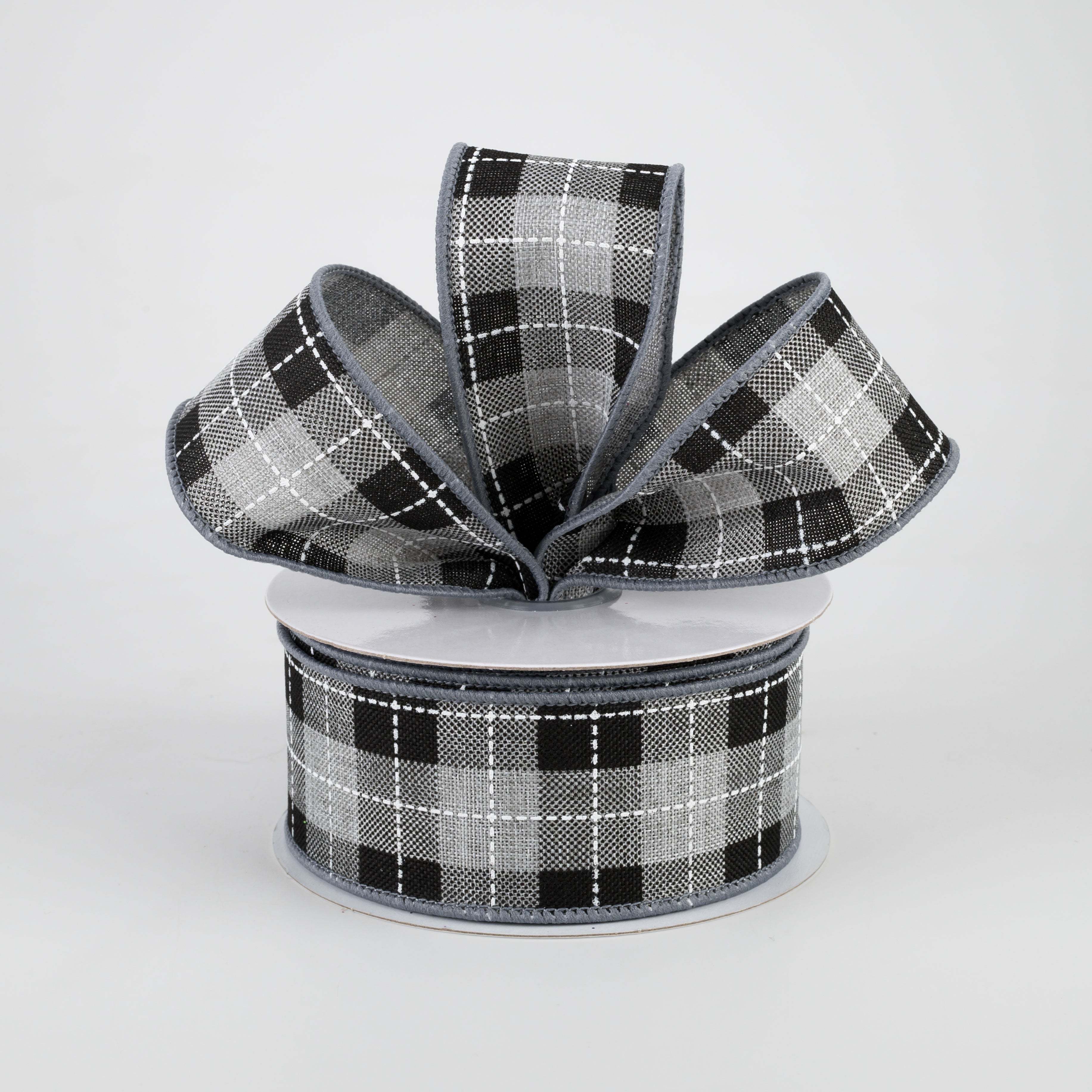 1.5" Printed Woven Check Ribbon: Light Grey, Black, White (10 Yards) Lifestyle Photo