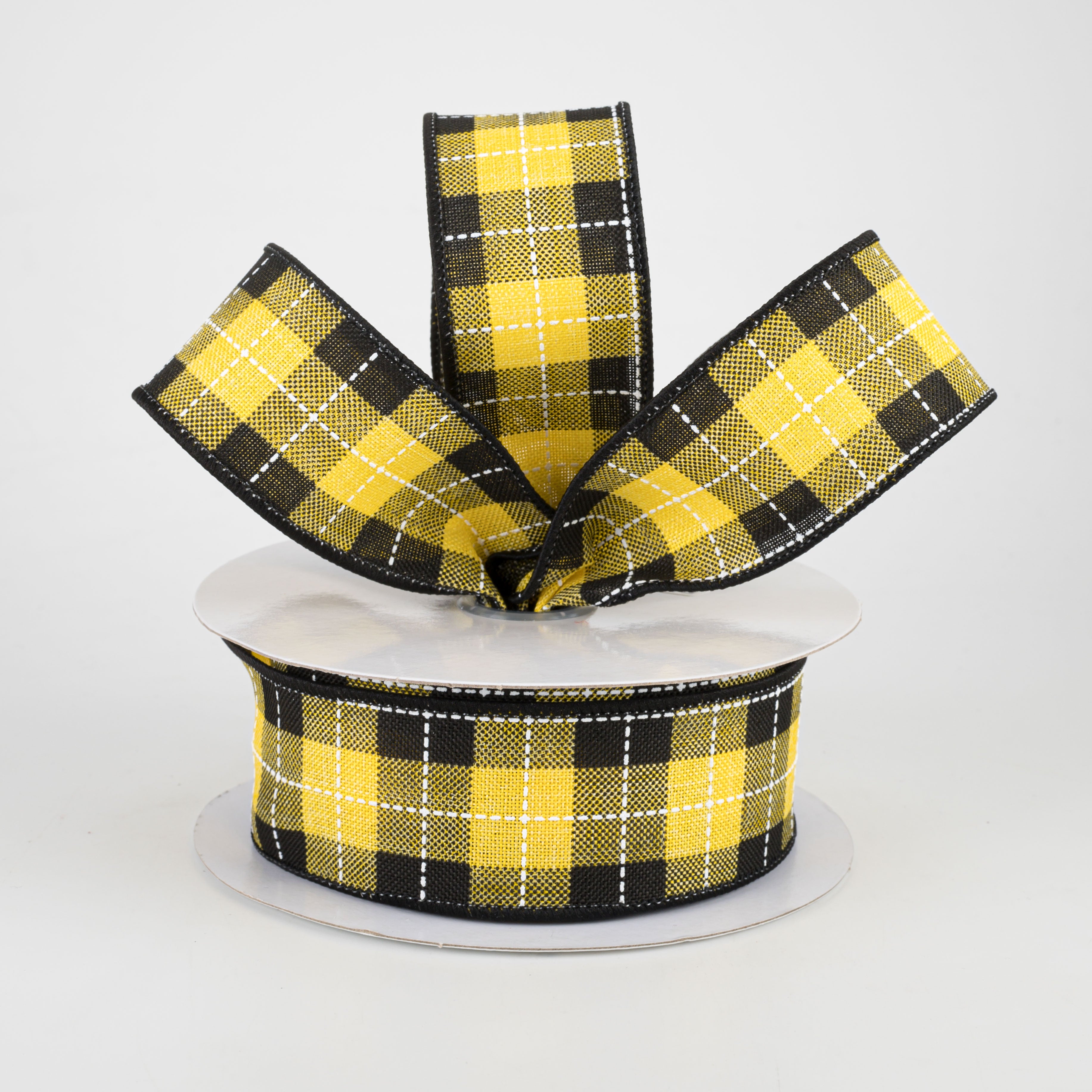 1.5" Printed Woven Check Ribbon: Sun Yellow, Black, White (10 Yards) Lifestyle Photo