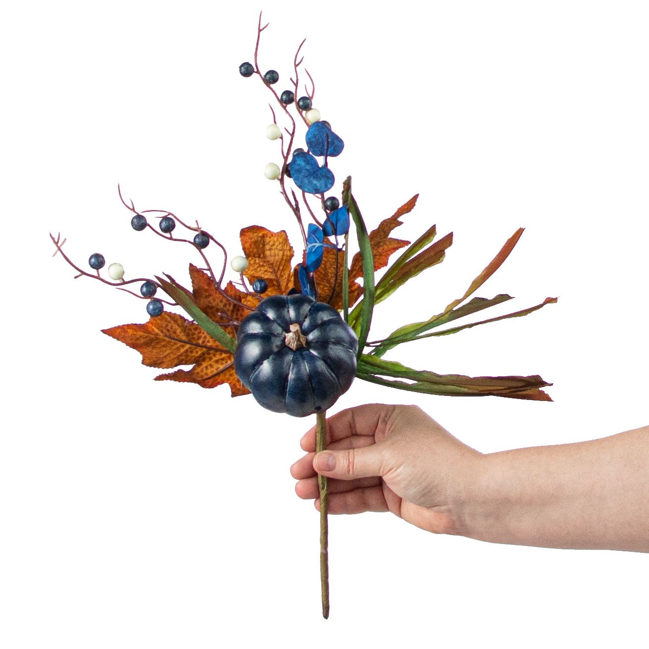15" Pumpkin Berry Leaf Grass Spray: Navy, Moss & Cream detail photo 3