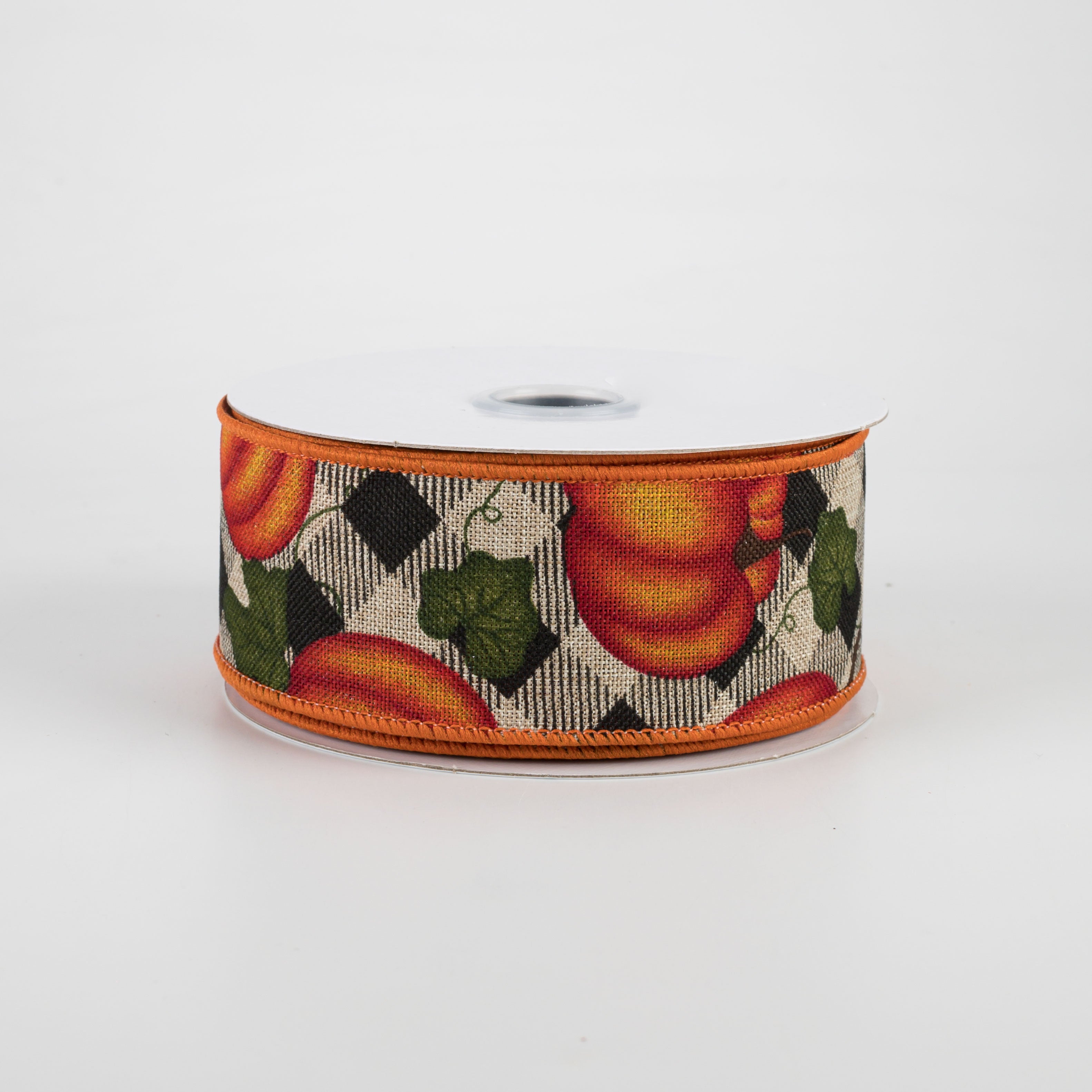 1.5" Pumpkin With Leaves Check Ribbon: Natural (10 Yards)