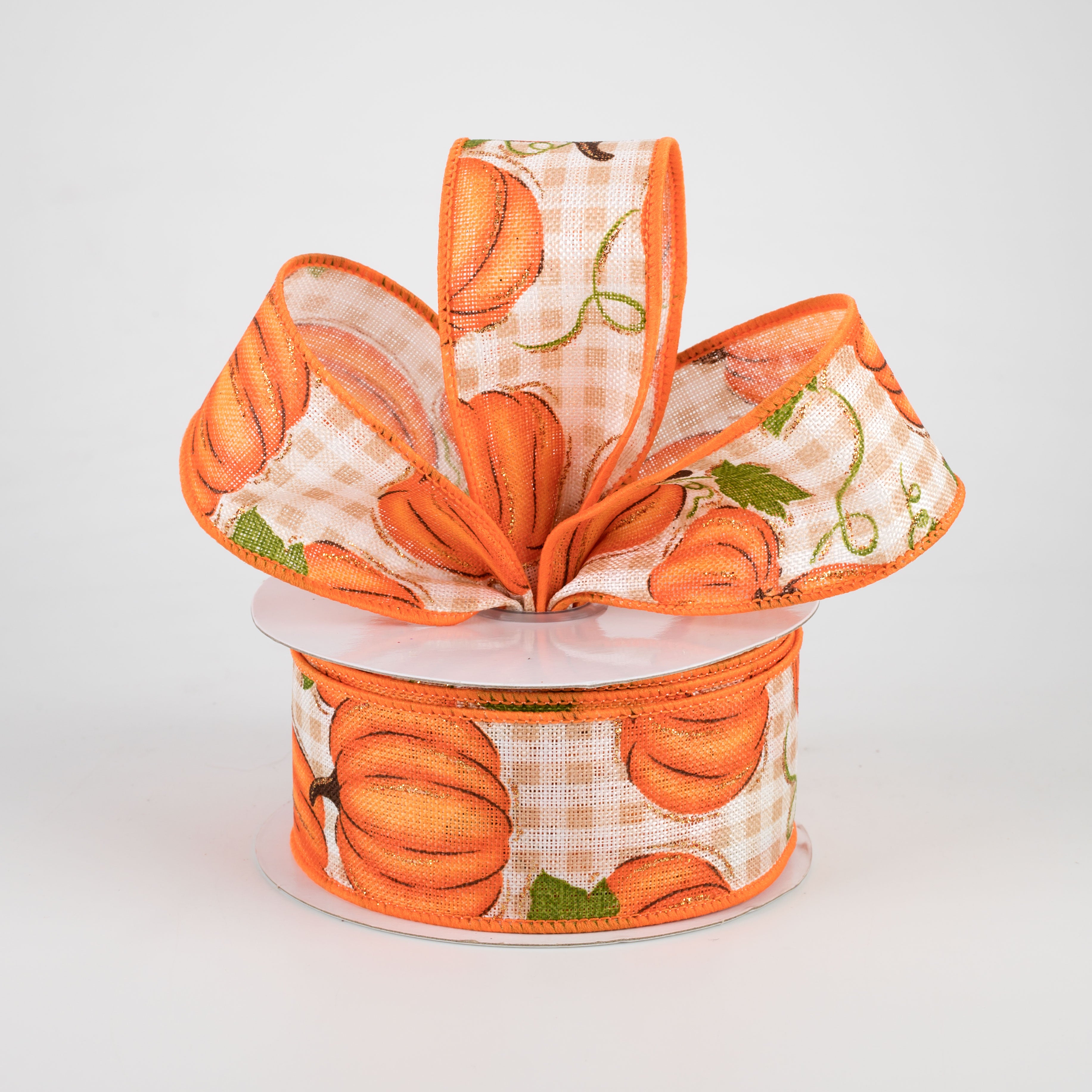 1.5" Pumpkin Patch Check Ribbon: Orange, Moss, Beige, Ivory (10 Yards) Lifestyle Photo