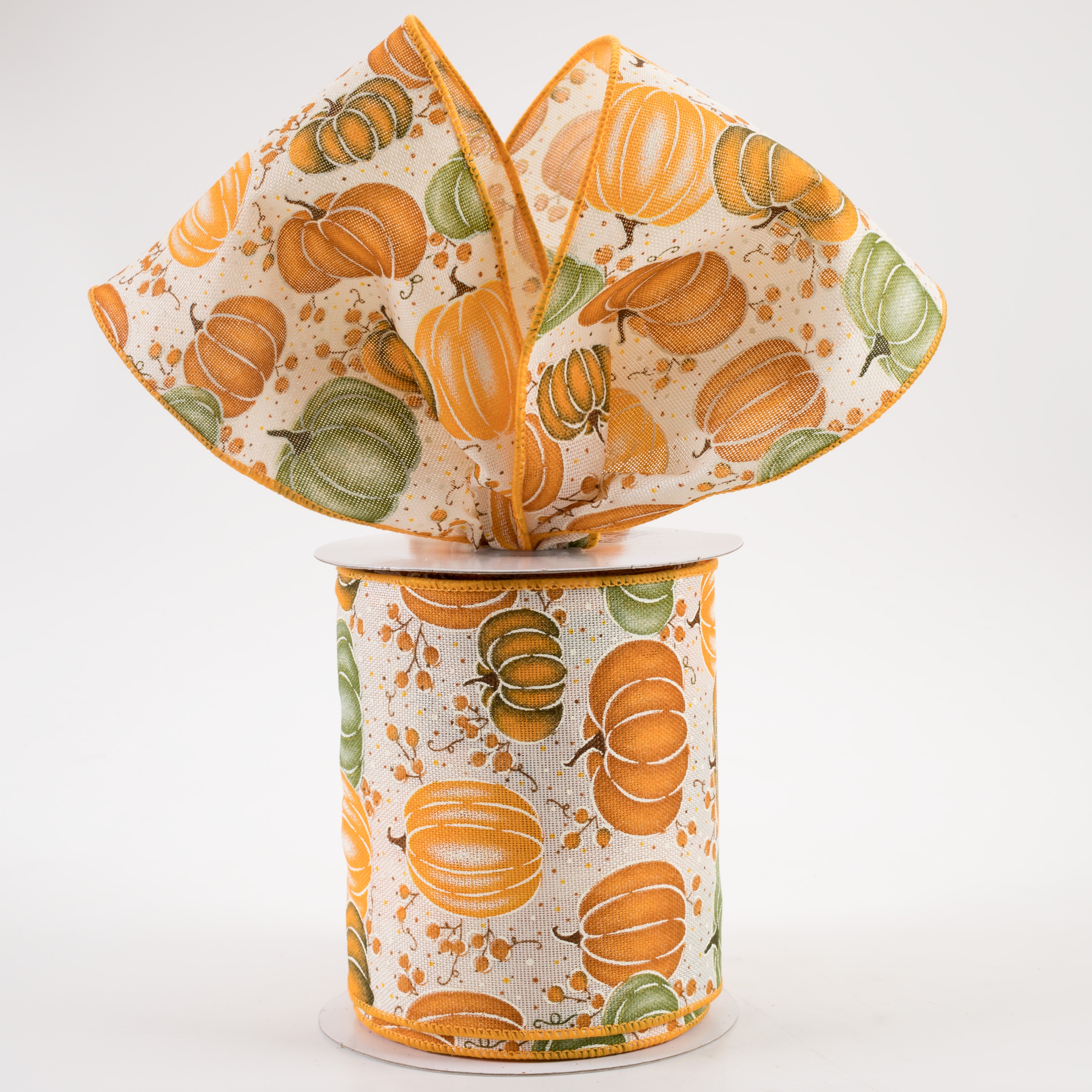 4" Pumpkins & Berries Ribbon: Cream, Brown, Orange, Mustard (10 Yards) Lifestyle Photo