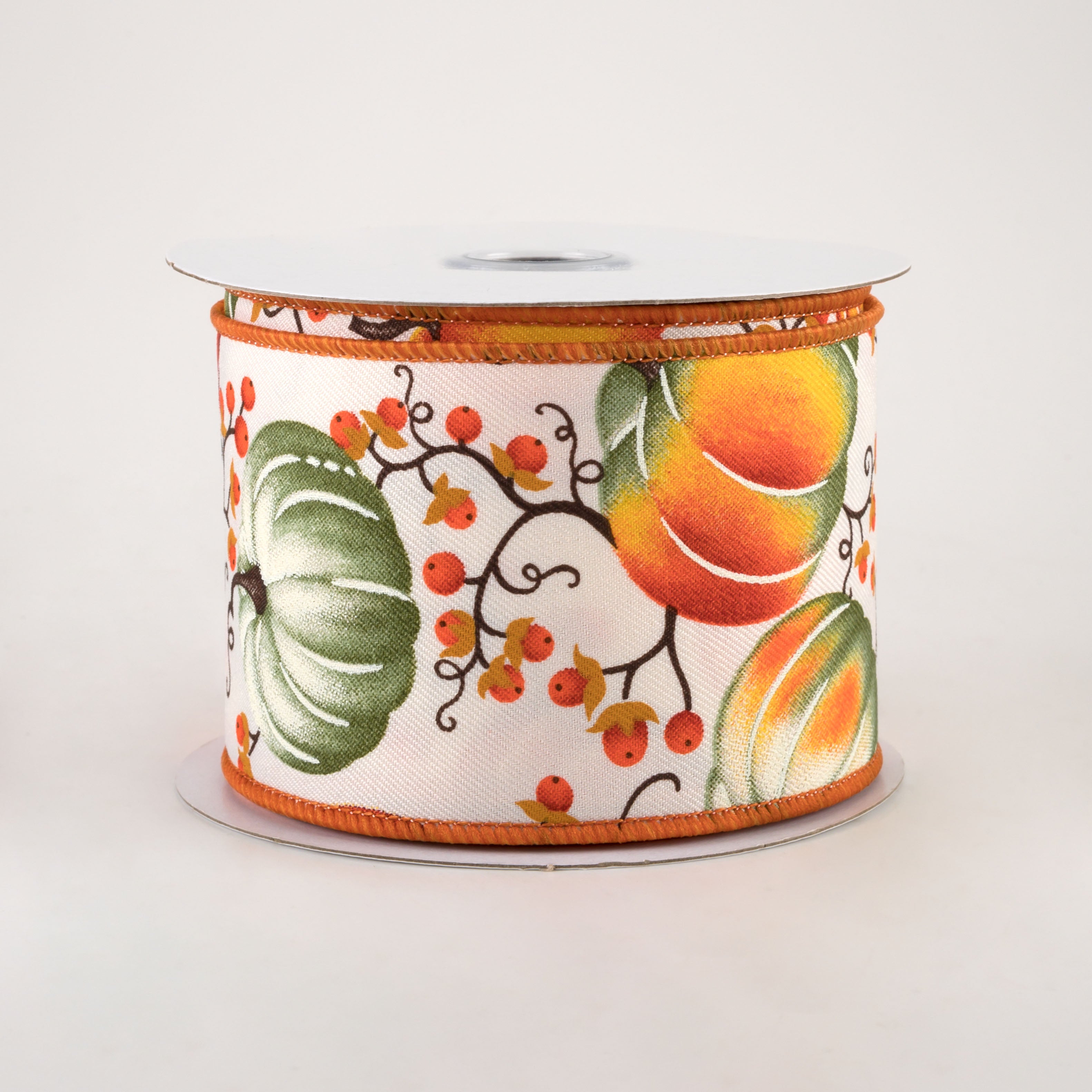 2.5" Pumpkins Bittersweet Ribbon: Ivory, Orange, Dark Moss (10 Yards)