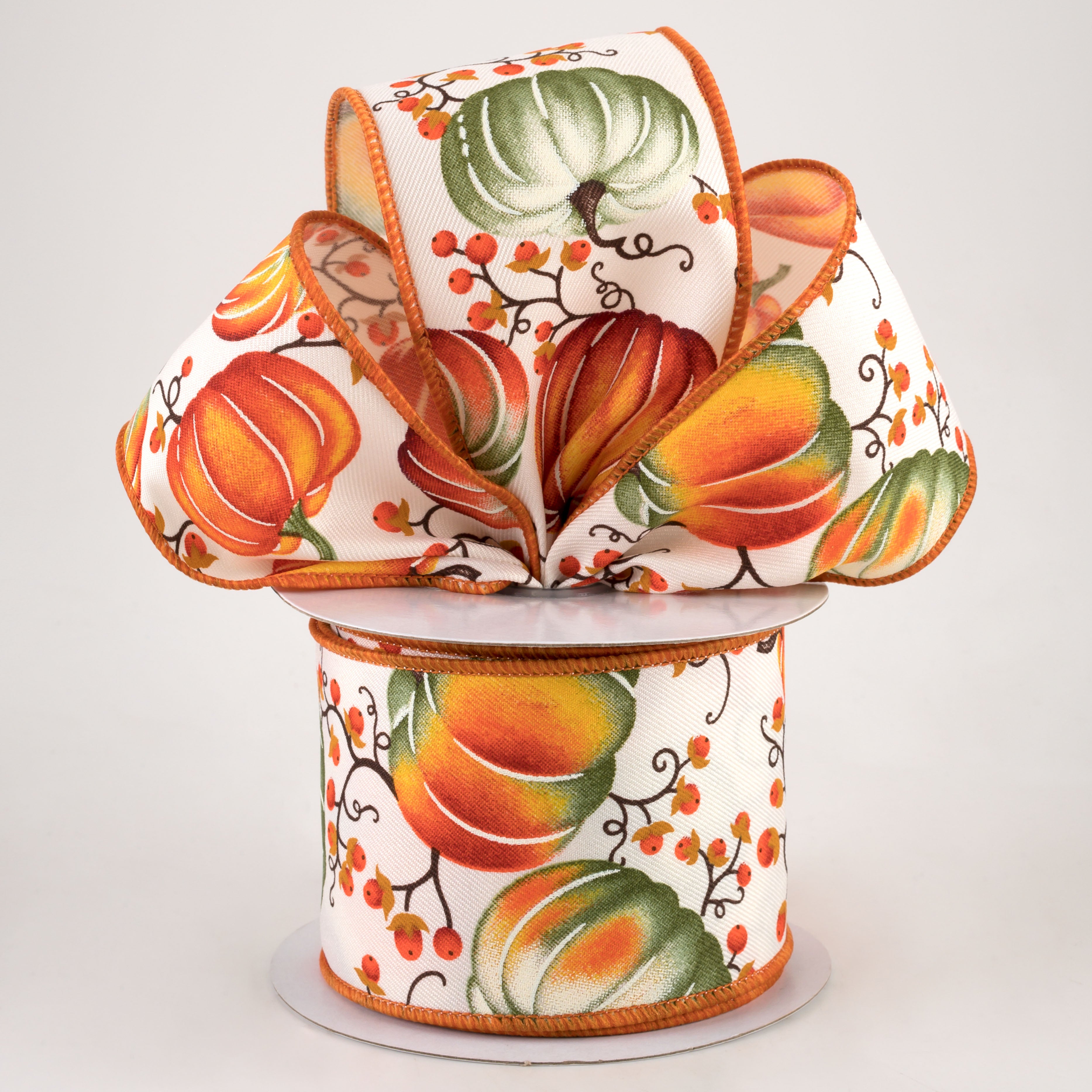 2.5" Pumpkins Bittersweet Ribbon: Ivory, Orange, Dark Moss (10 Yards) Lifestyle Photo