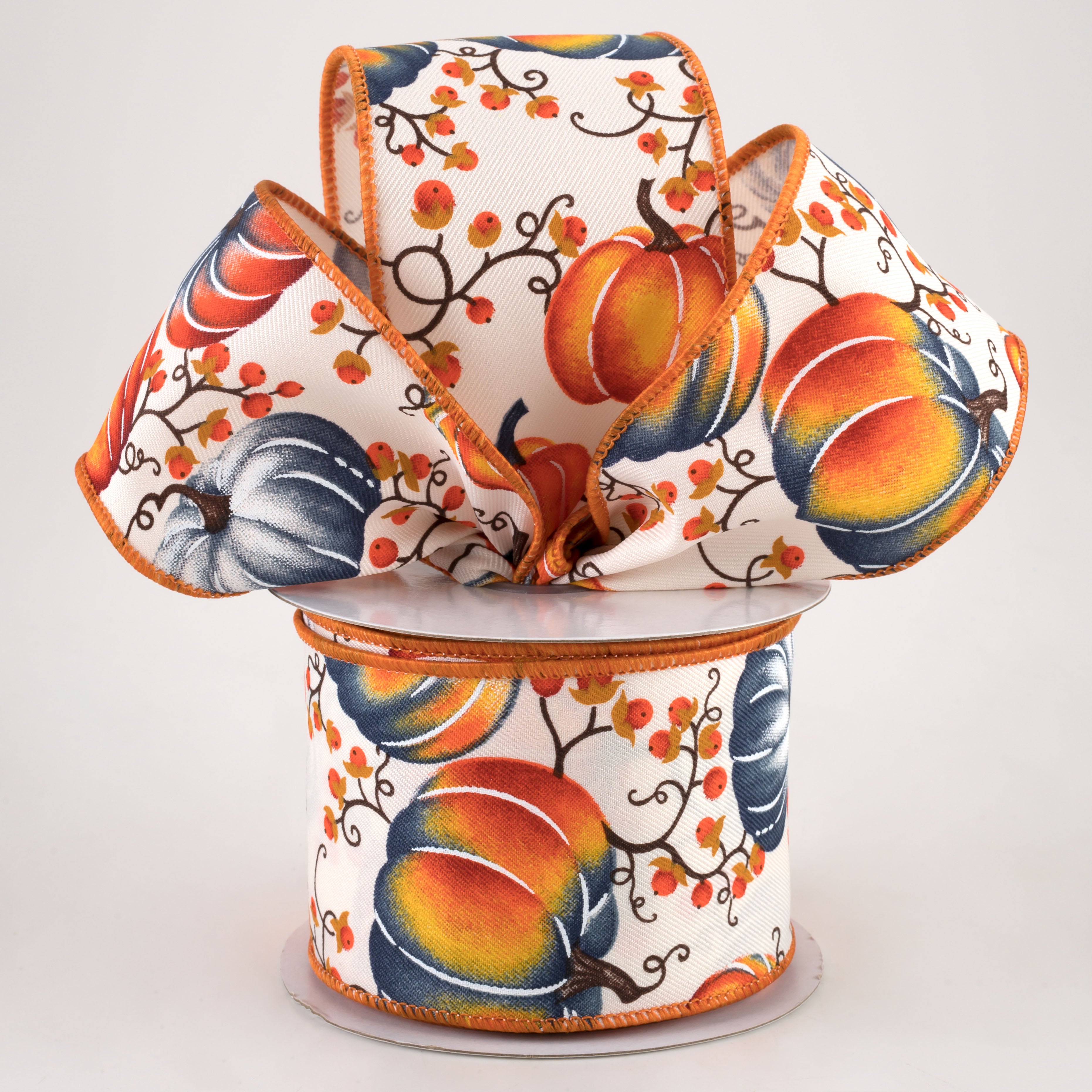 2.5" Pumpkins Bittersweet Ribbon: Ivory, Orange, Smoke Blue (10 Yards) Lifestyle Photo