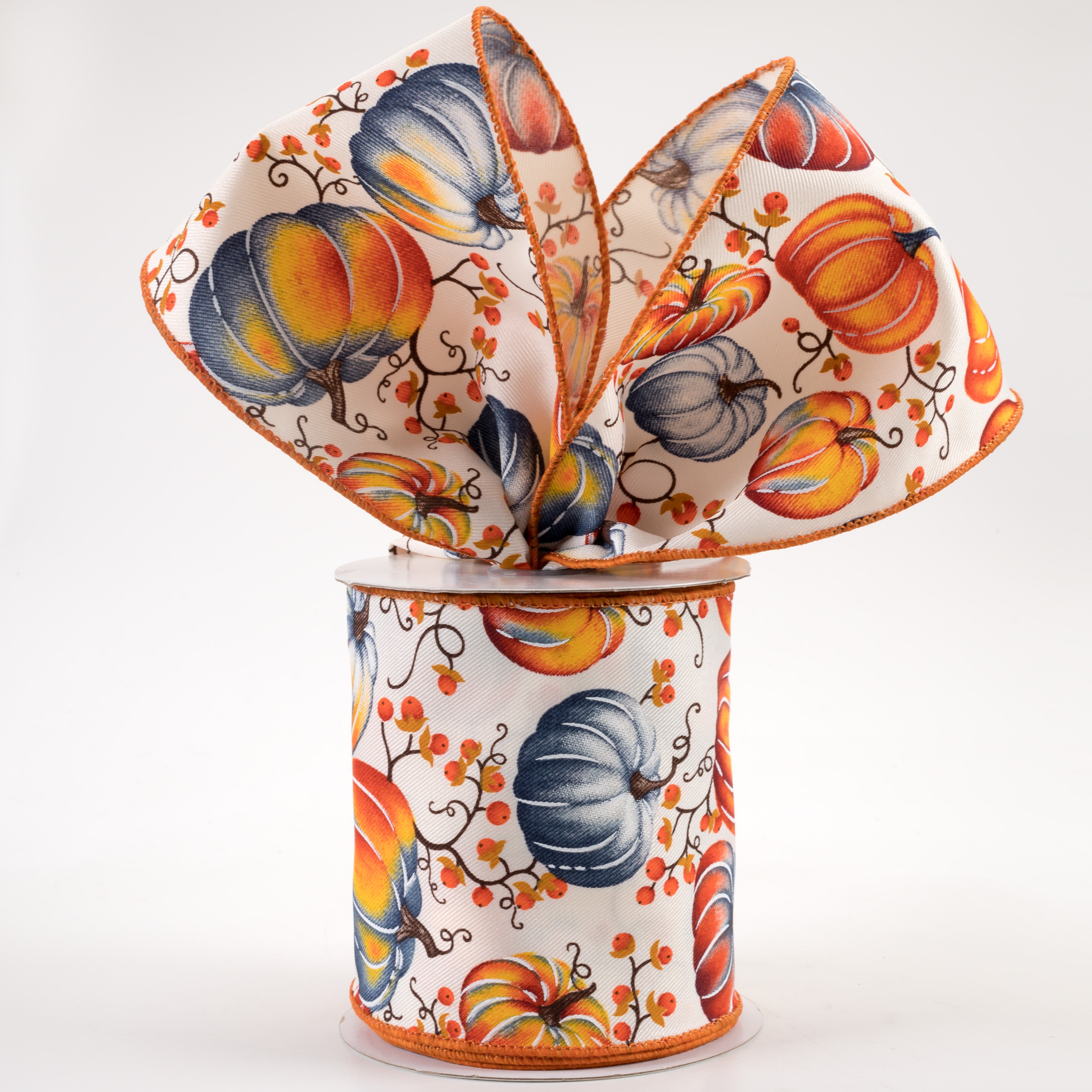 4" Pumpkins Bittersweet Ribbon: Ivory, Orange, Smoke Blue (10 Yards) Lifestyle Photo