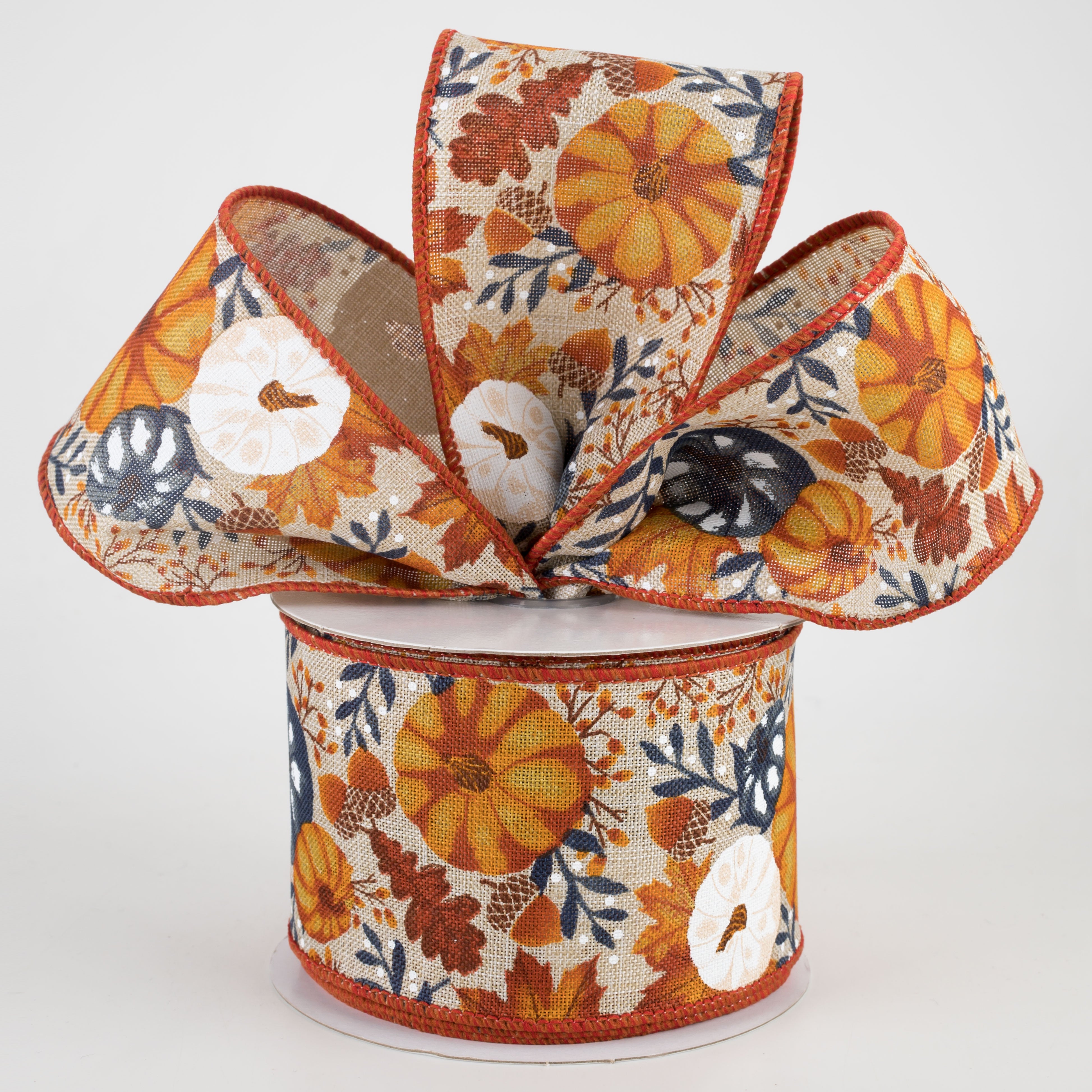 2.5" Pumpkins & Fall Foliage Ribbon: Beige, Mustard, Orange, Navy (10 Yards) Lifestyle Photo