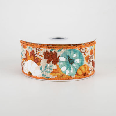 1.5" Pumpkins & Fall Foliage Ribbon: Cream, Mustard, Orange, Rust, Teal (10 Yards)