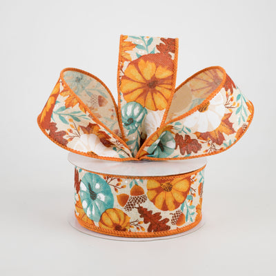 1.5" Pumpkins & Fall Foliage Ribbon: Cream, Mustard, Orange, Rust, Teal (10 Yards) Lifestyle Photo