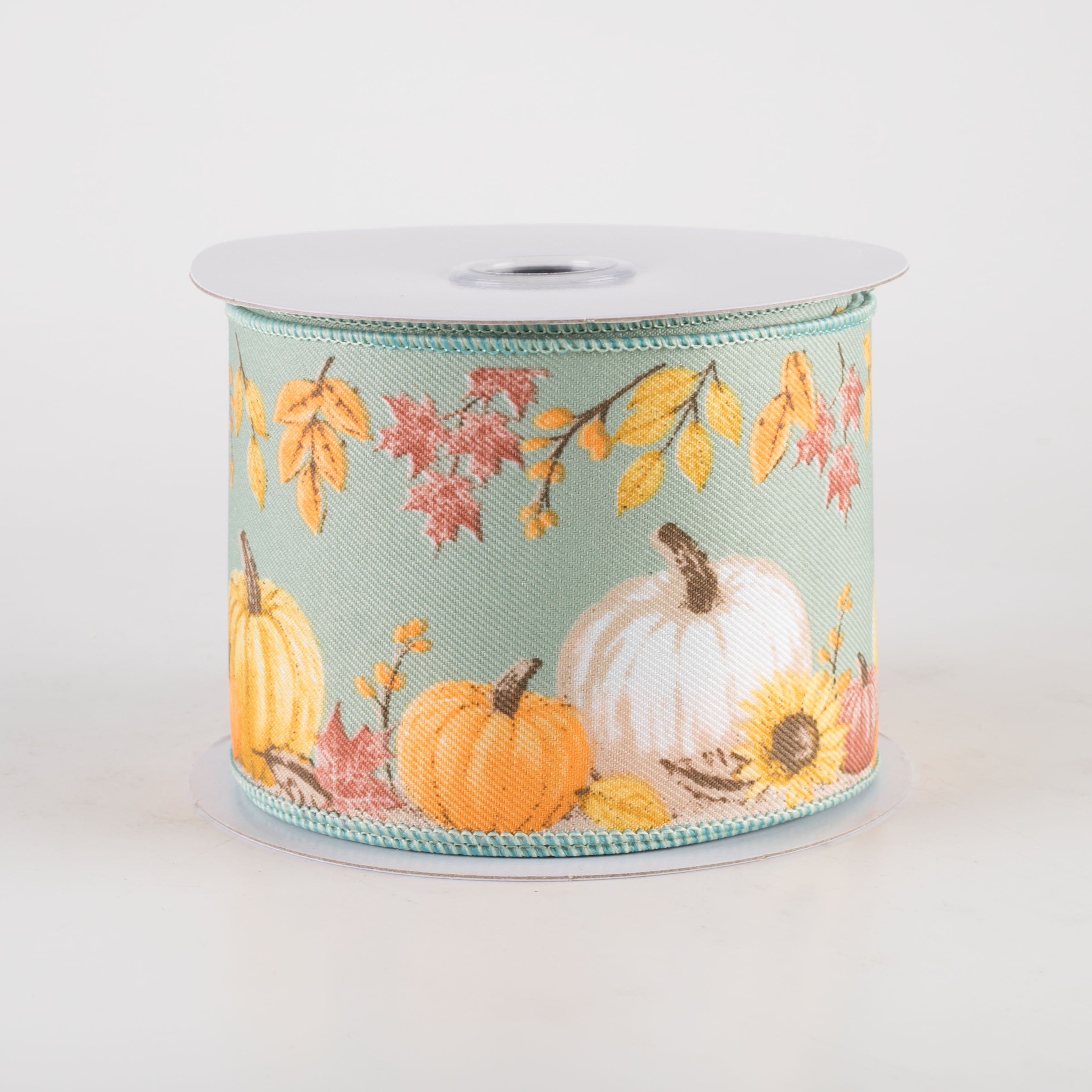 2.5" Pumpkins & Foliage on Diagonal Weave Ribbon: Sage Green (10 Yards)