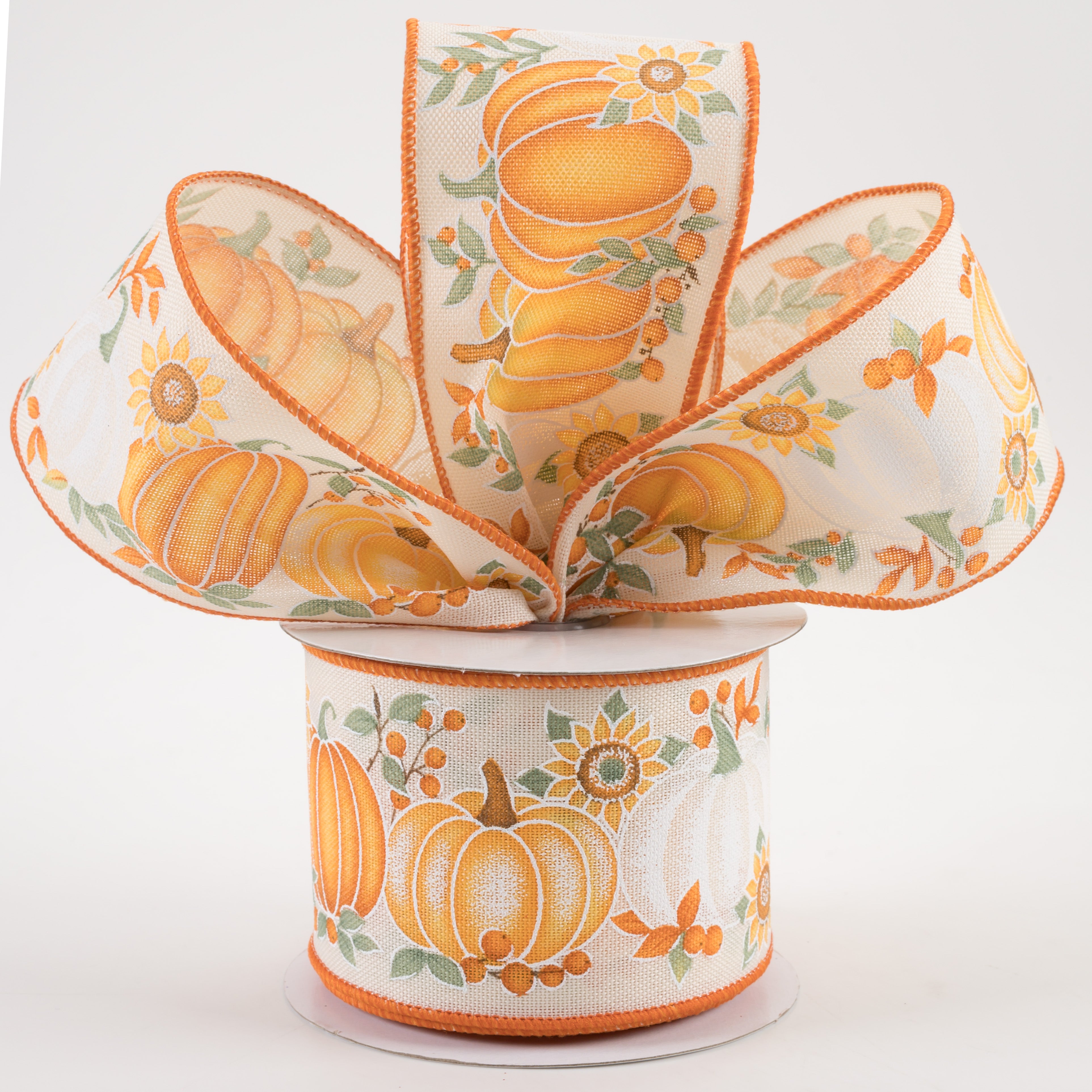 2.5" Pumpkins & Sunflowers Ribbon: Cream, Brown, Orange, Yellow, Sage (10 Yards) Lifestyle Photo