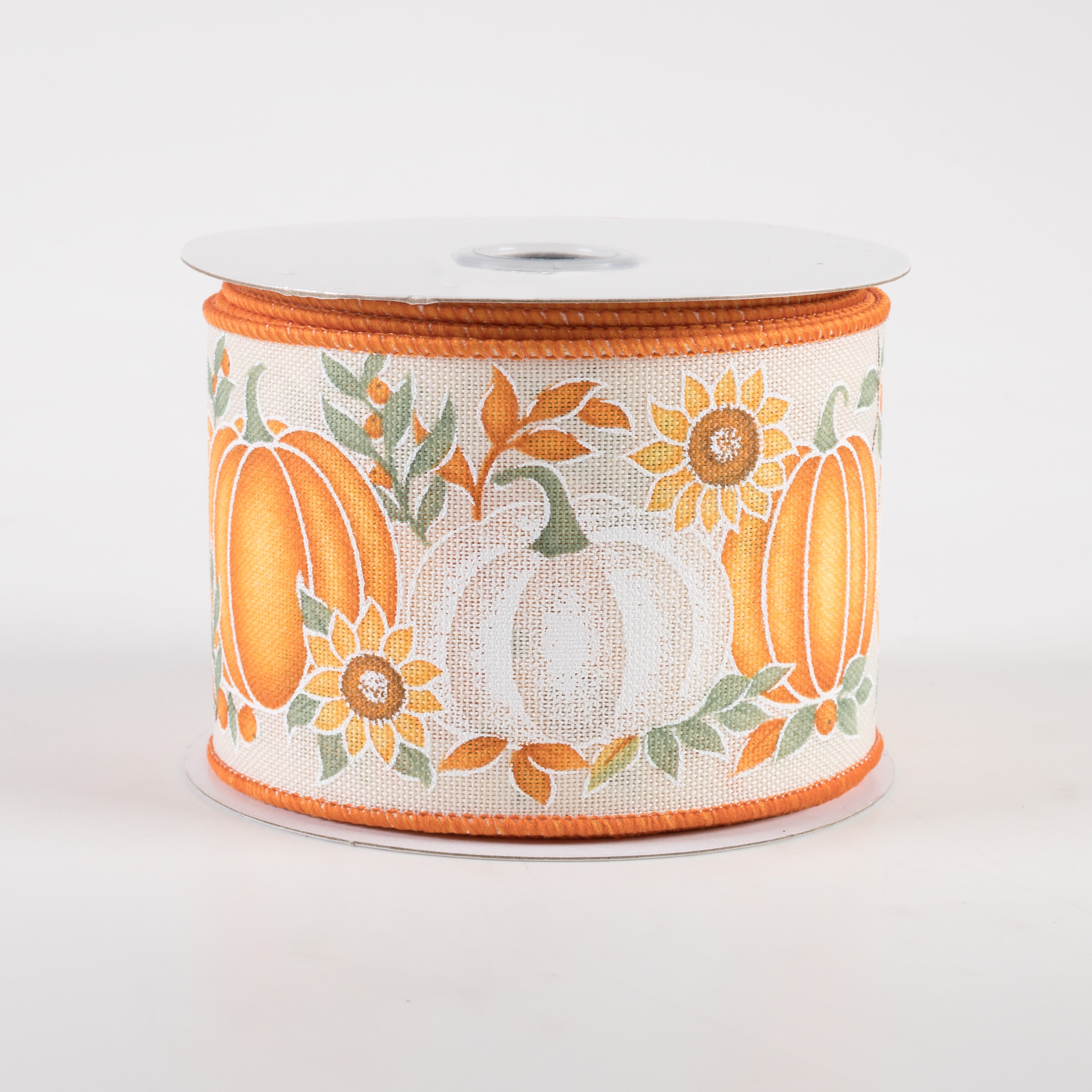 2.5" Pumpkins & Sunflowers Ribbon: Cream, Brown, Orange, Yellow, Sage (10 Yards)