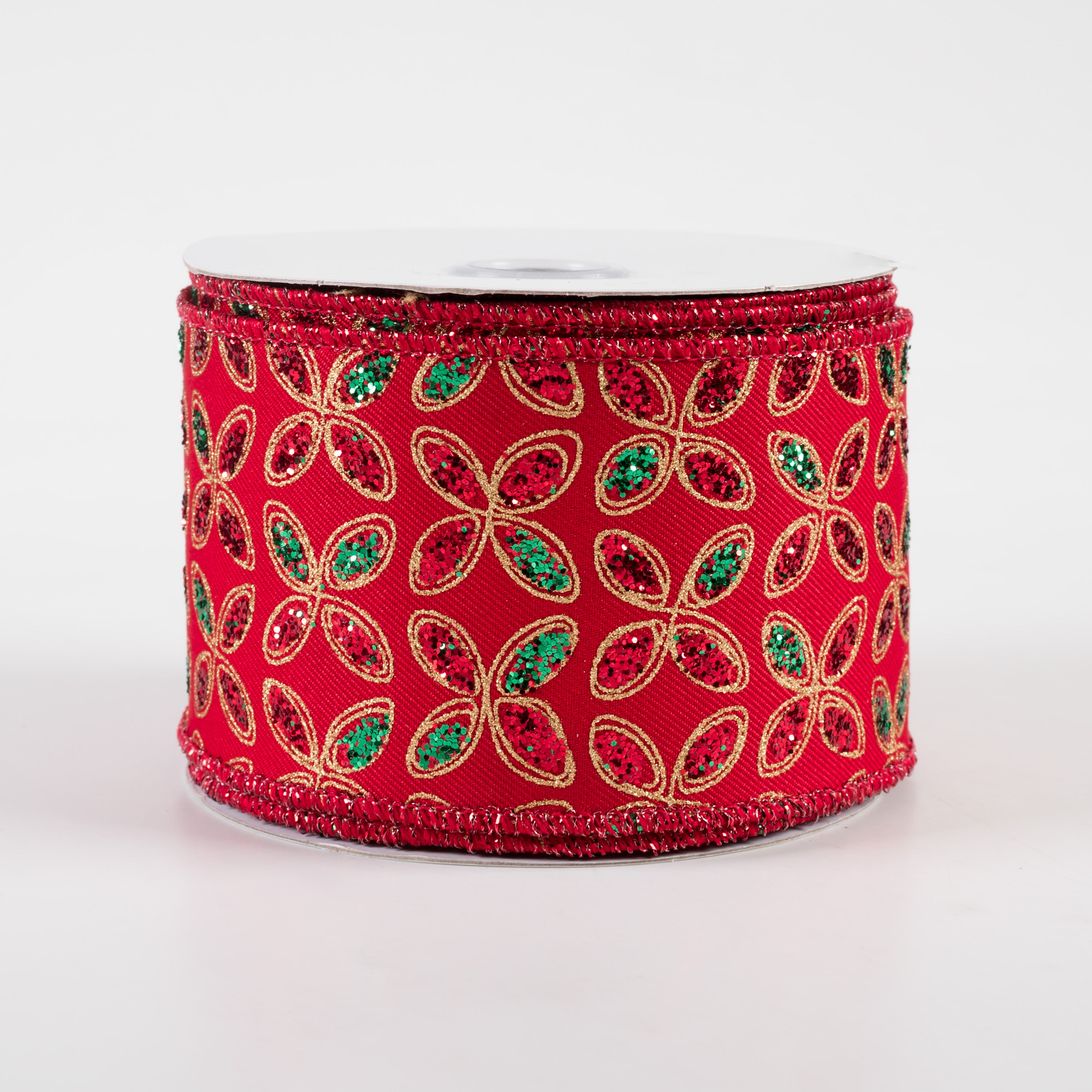 2.5" Quatrefoil Petals Ribbon: Red, Emerald, Gold (10 Yards)