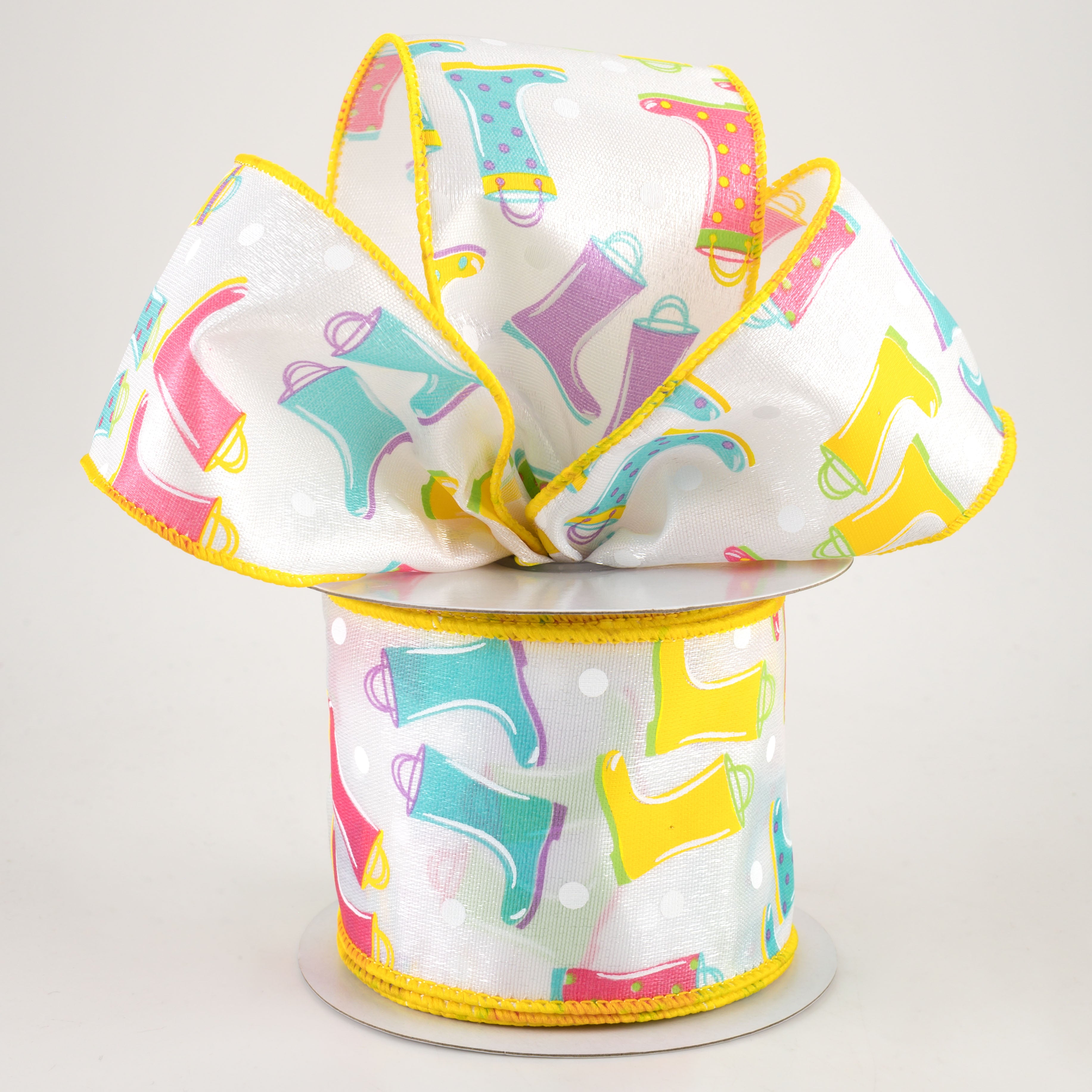 2.5" Rain Boots Polka Dot Ribbon: White Diamond Satin (10 Yards) Lifestyle Photo